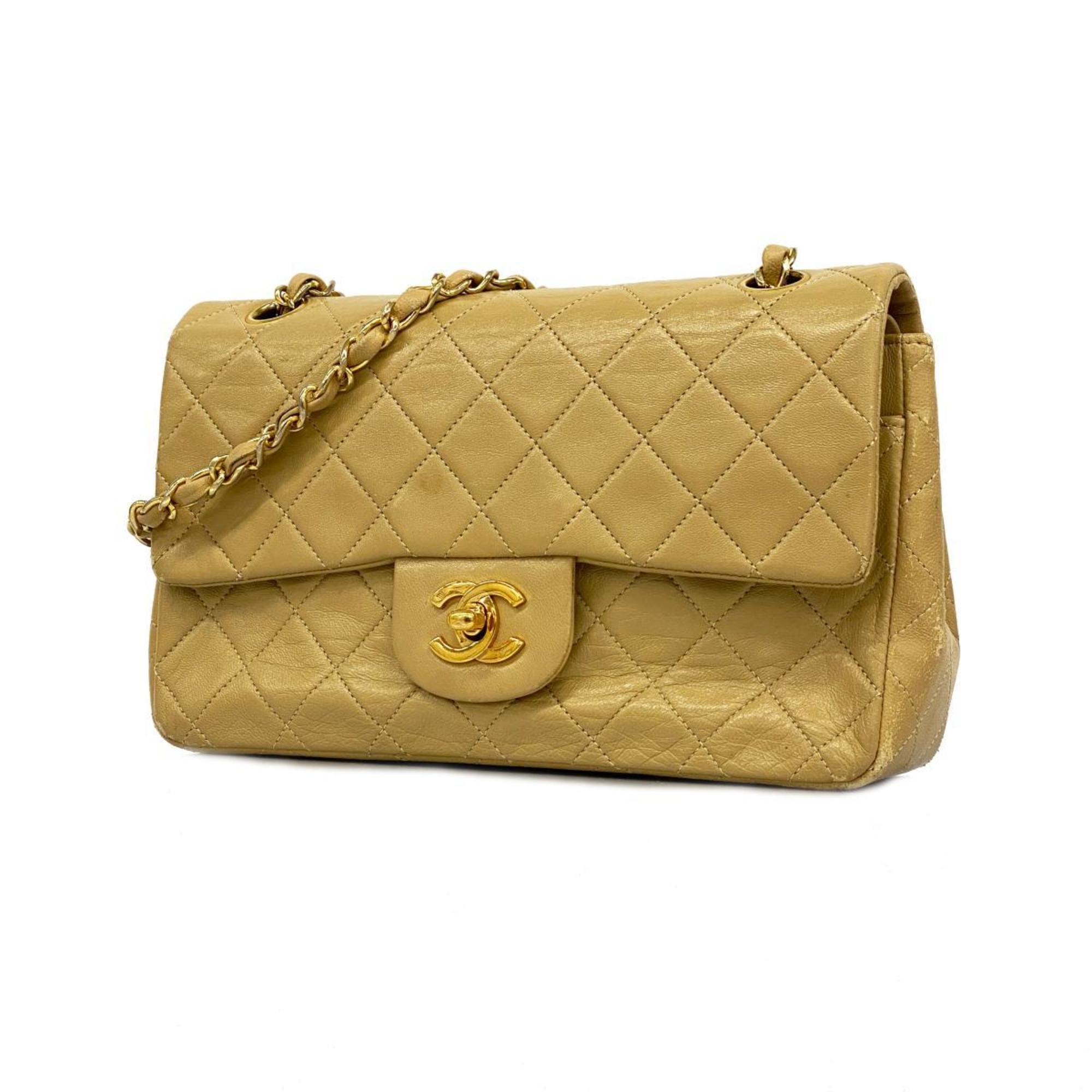 Chanel Shoulder Bag Matelasse W Flap Chain Lambskin Beige Women's