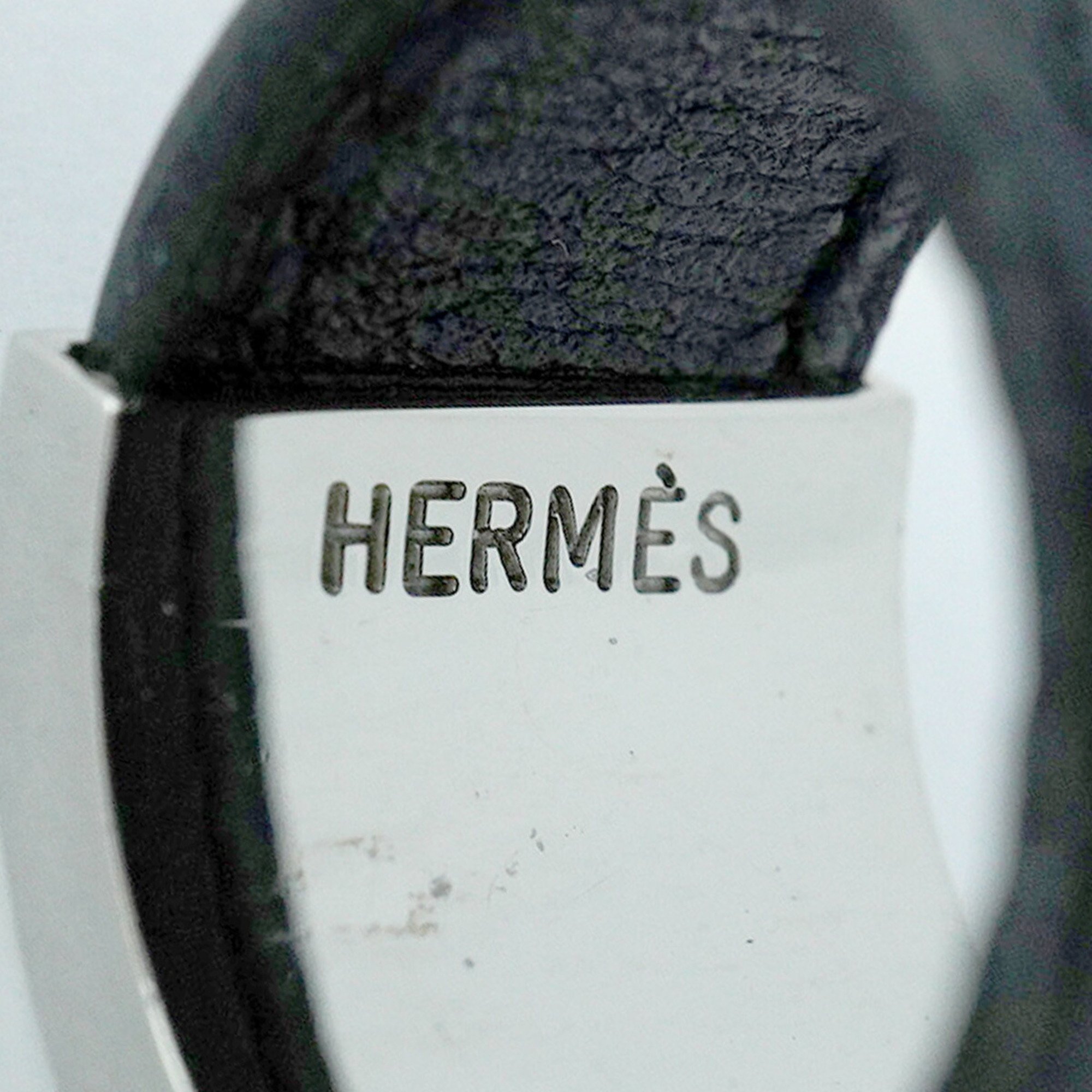 Hermes Ring Russo Metal Leather Silver Black Women's