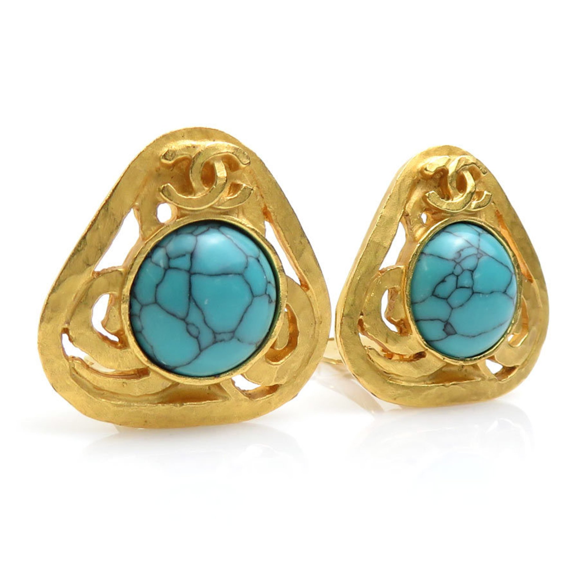 CHANEL Earrings Coco Mark Metal Stone Gold Turquoise Blue Women's e59247a