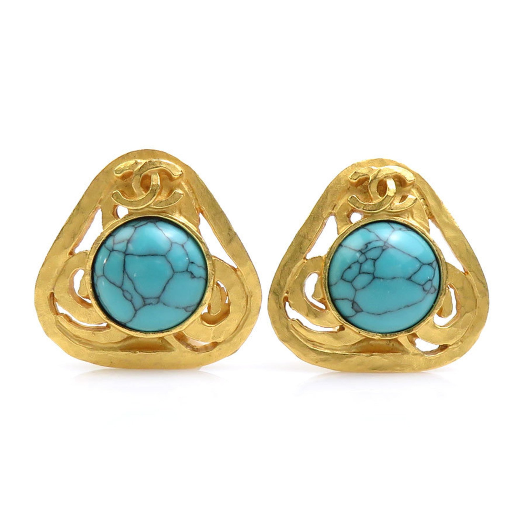 CHANEL Earrings Coco Mark Metal Stone Gold Turquoise Blue Women's e59247a