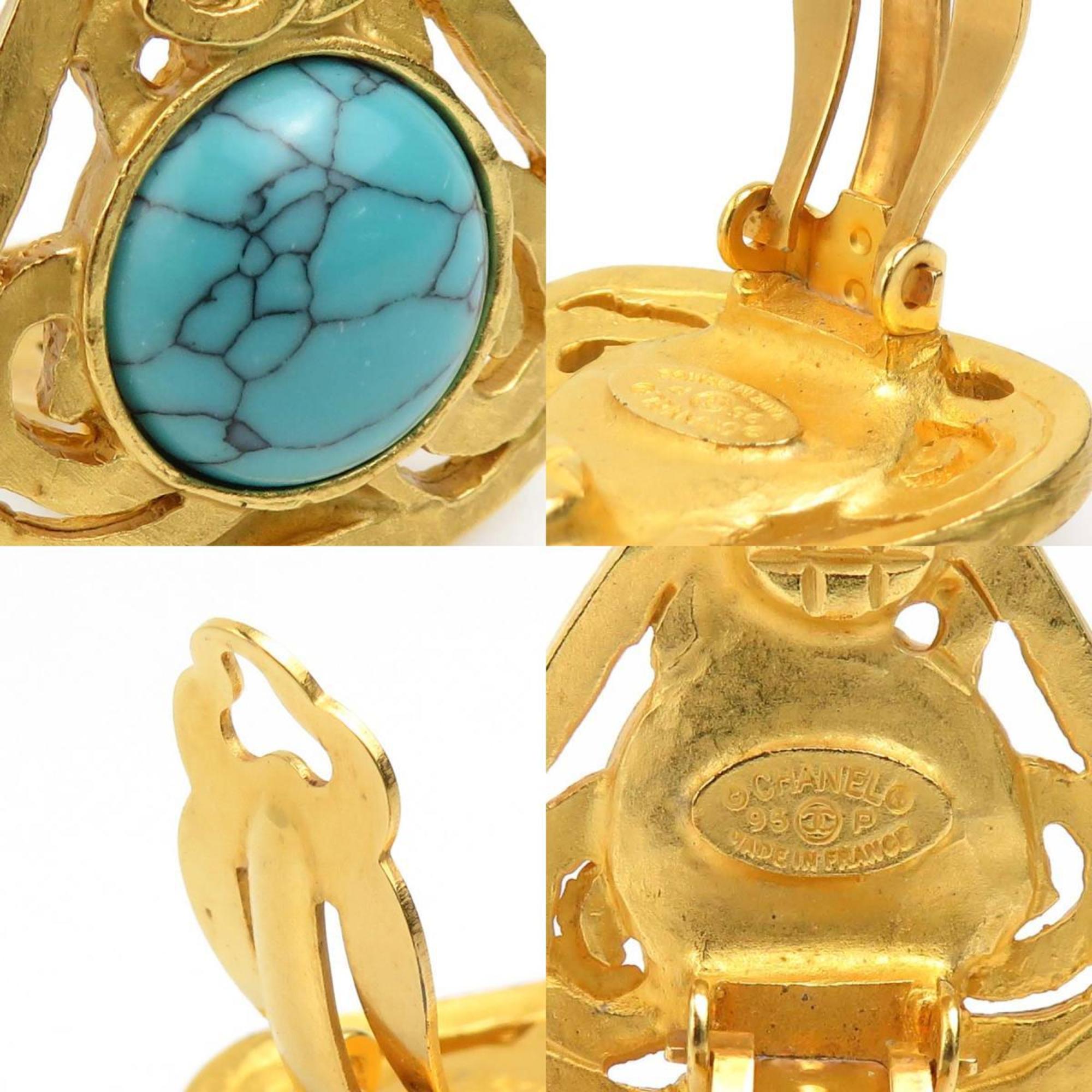 CHANEL Earrings Coco Mark Metal Stone Gold Turquoise Blue Women's e59247a