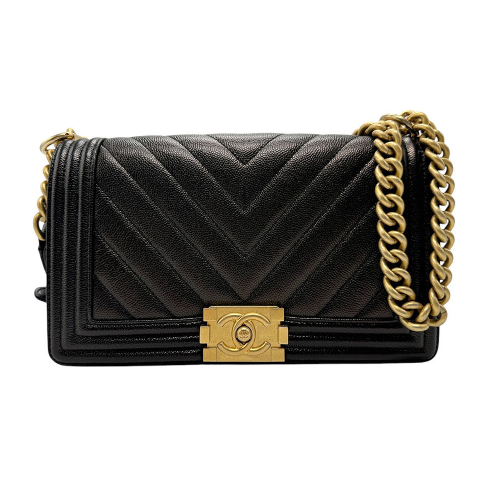 CHANEL Shoulder Bag Boy Chanel Caviar Skin Leather Black Gold Women's z2492