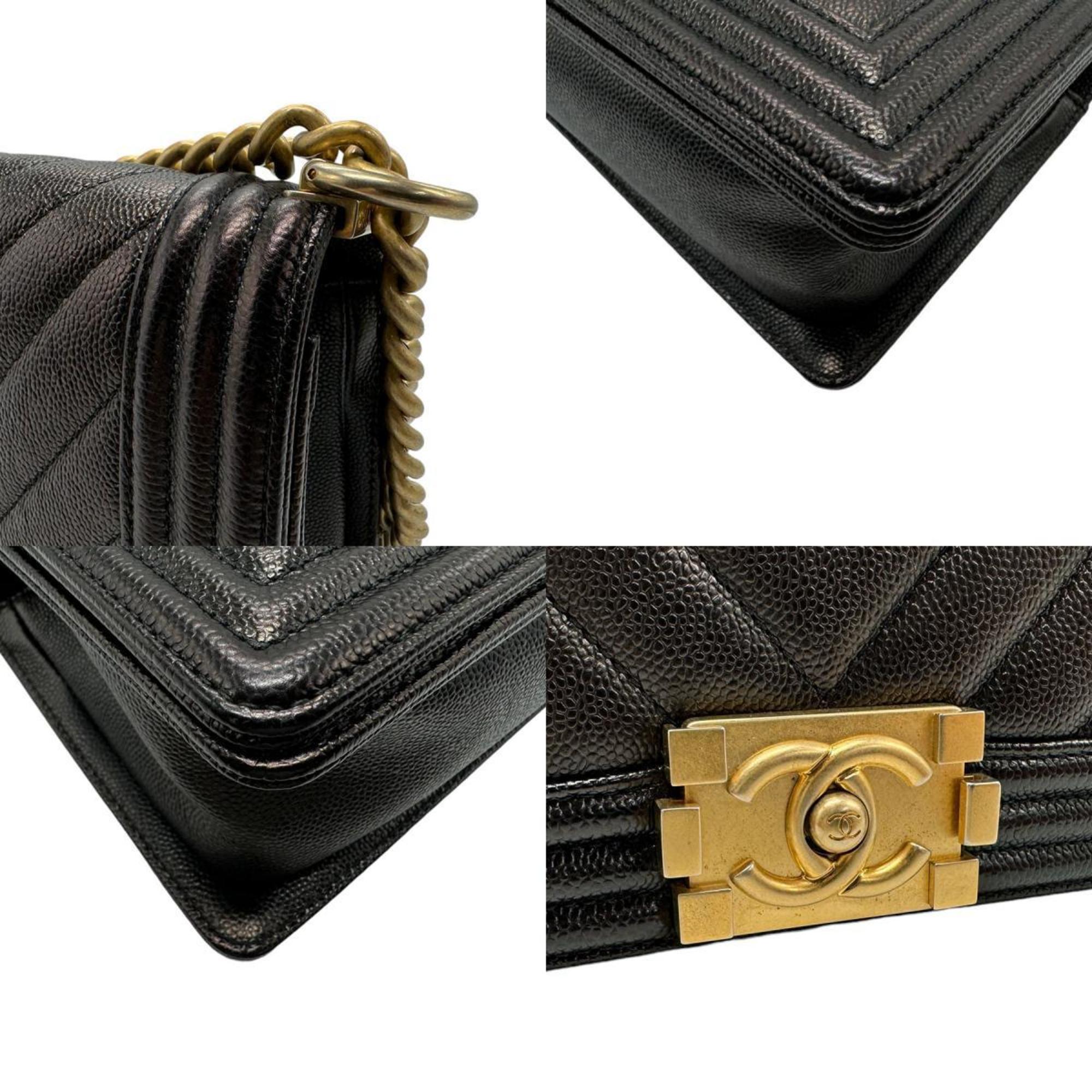 CHANEL Shoulder Bag Boy Chanel Caviar Skin Leather Black Gold Women's z2492