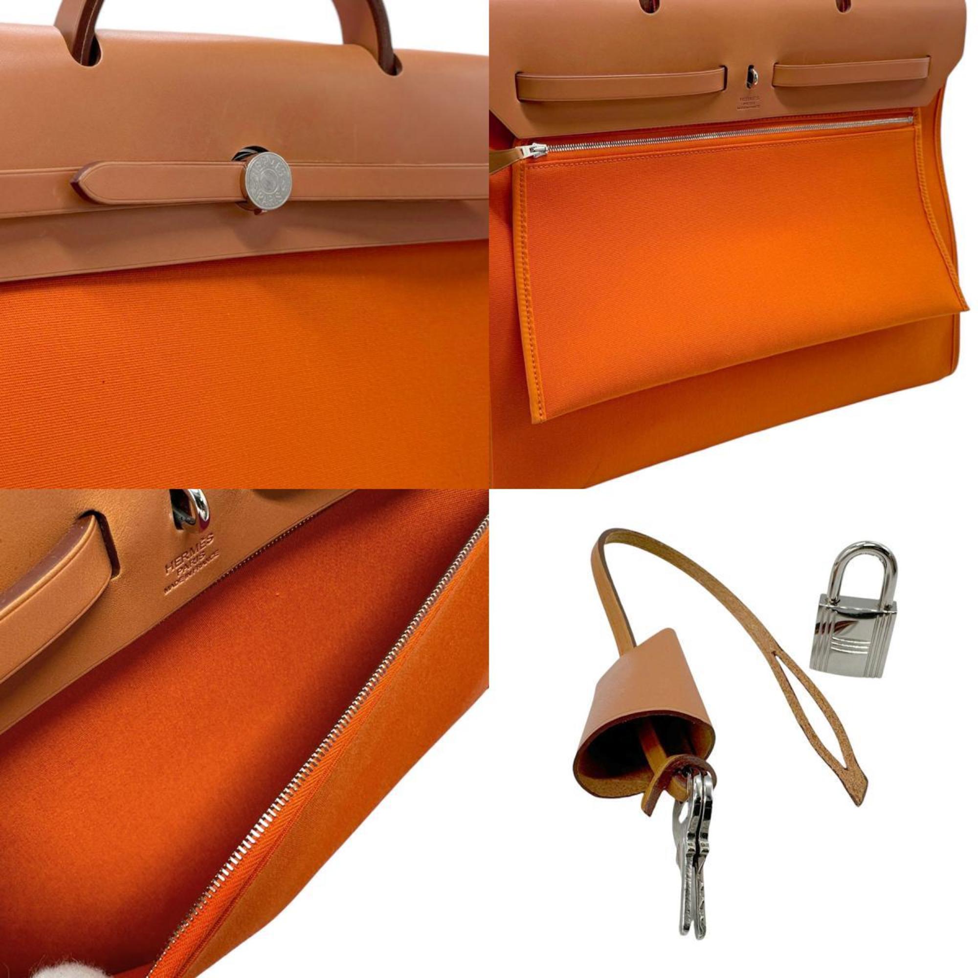 Hermes HERMES Handbag Shoulder Bag Airbag Zip MM Toile Officier Leather Orange Brown Silver Men's Women's n0403