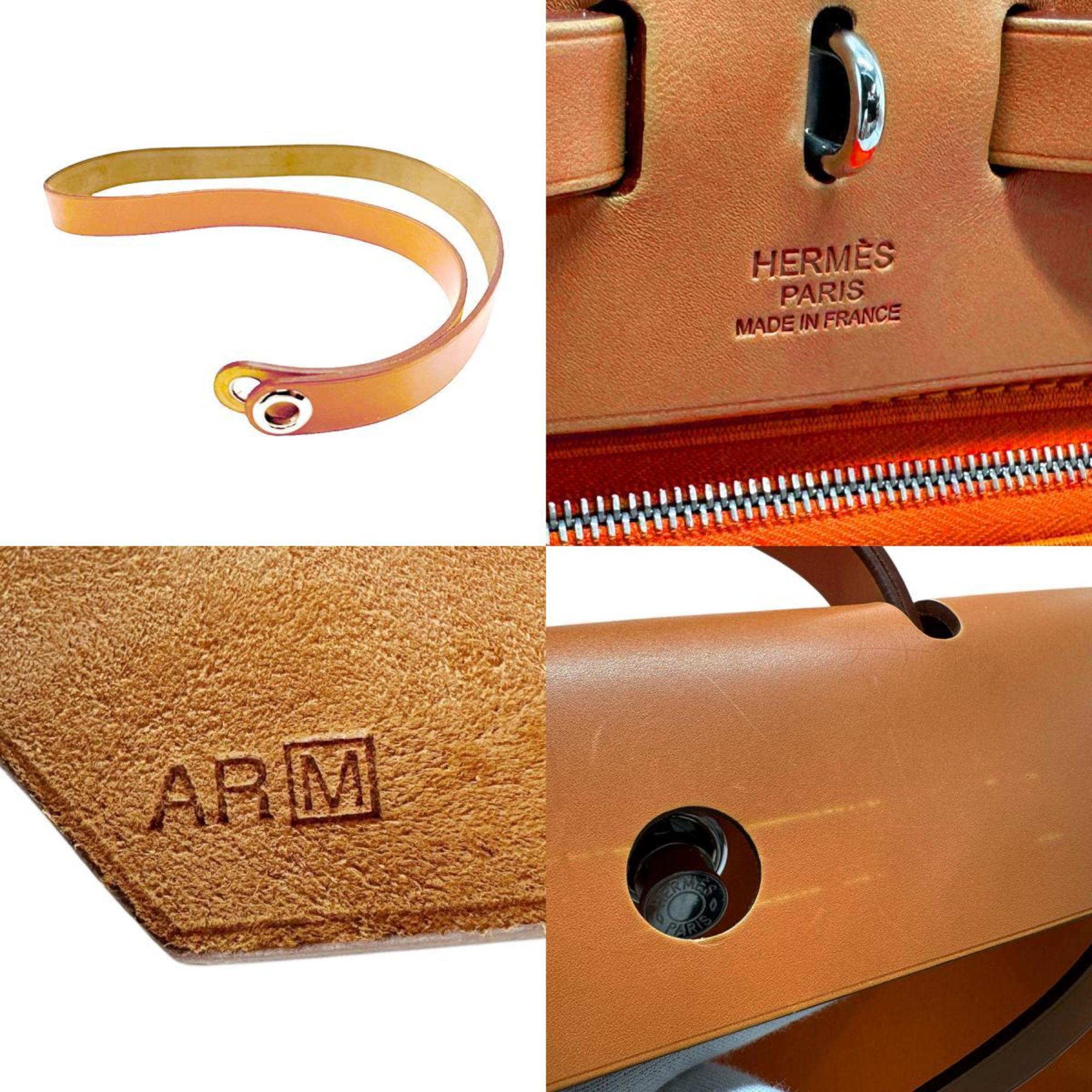 Hermes HERMES Handbag Shoulder Bag Airbag Zip MM Toile Officier Leather Orange Brown Silver Men's Women's n0403