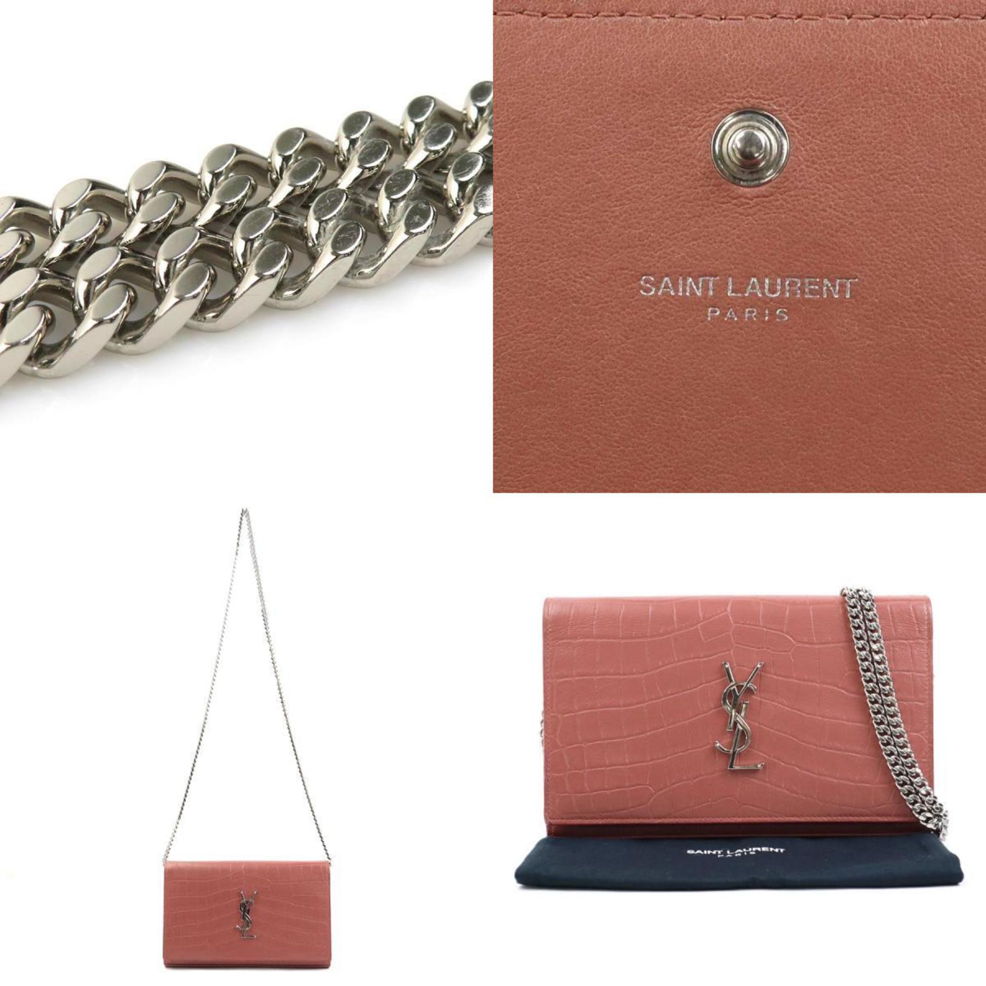 Saint Laurent wallet chain shoulder bag embossed leather pink brown silver women's e59273a