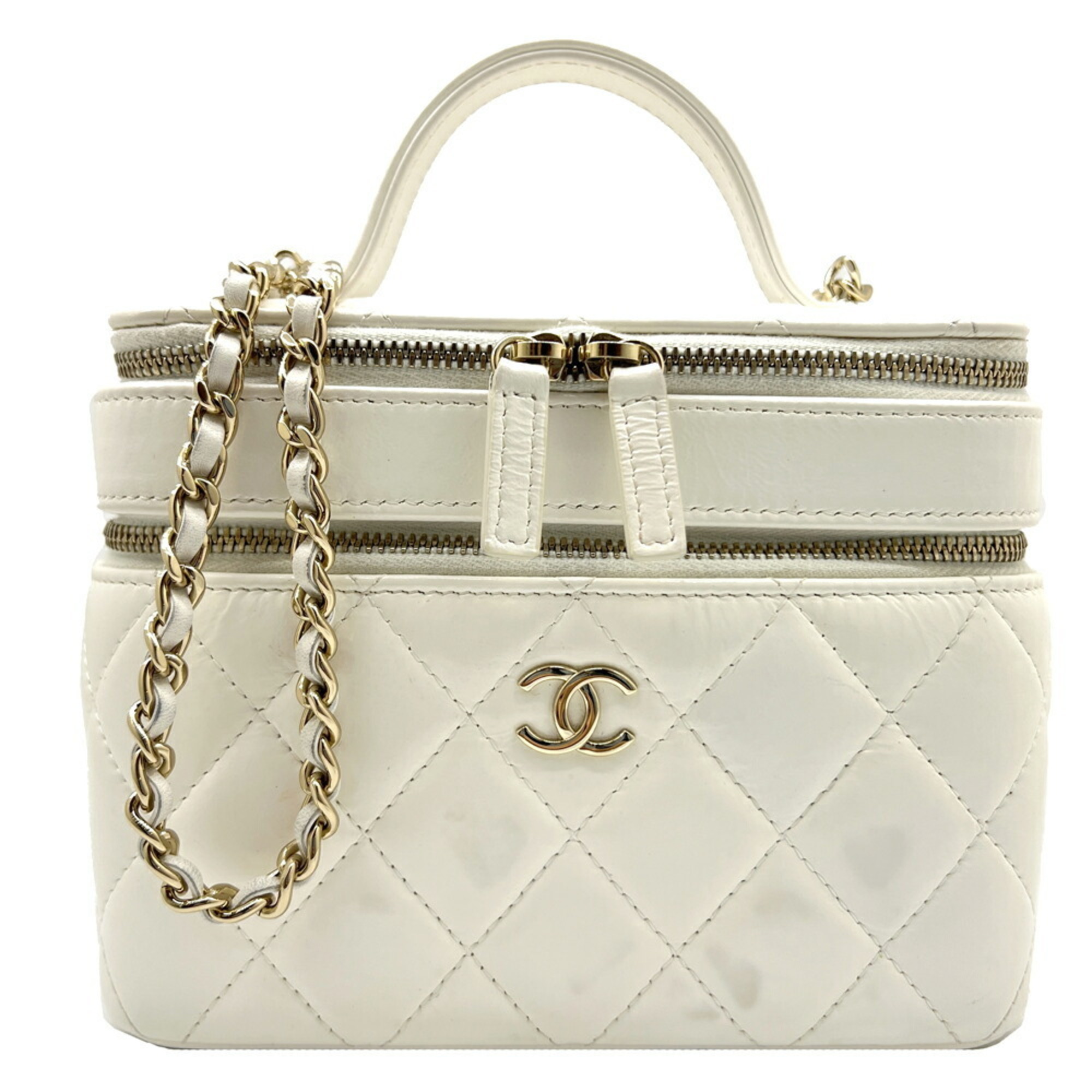 CHANEL Vanity Matelasse Chain Bag Leather White Shoulder Handbag Coco Mark CC Women's