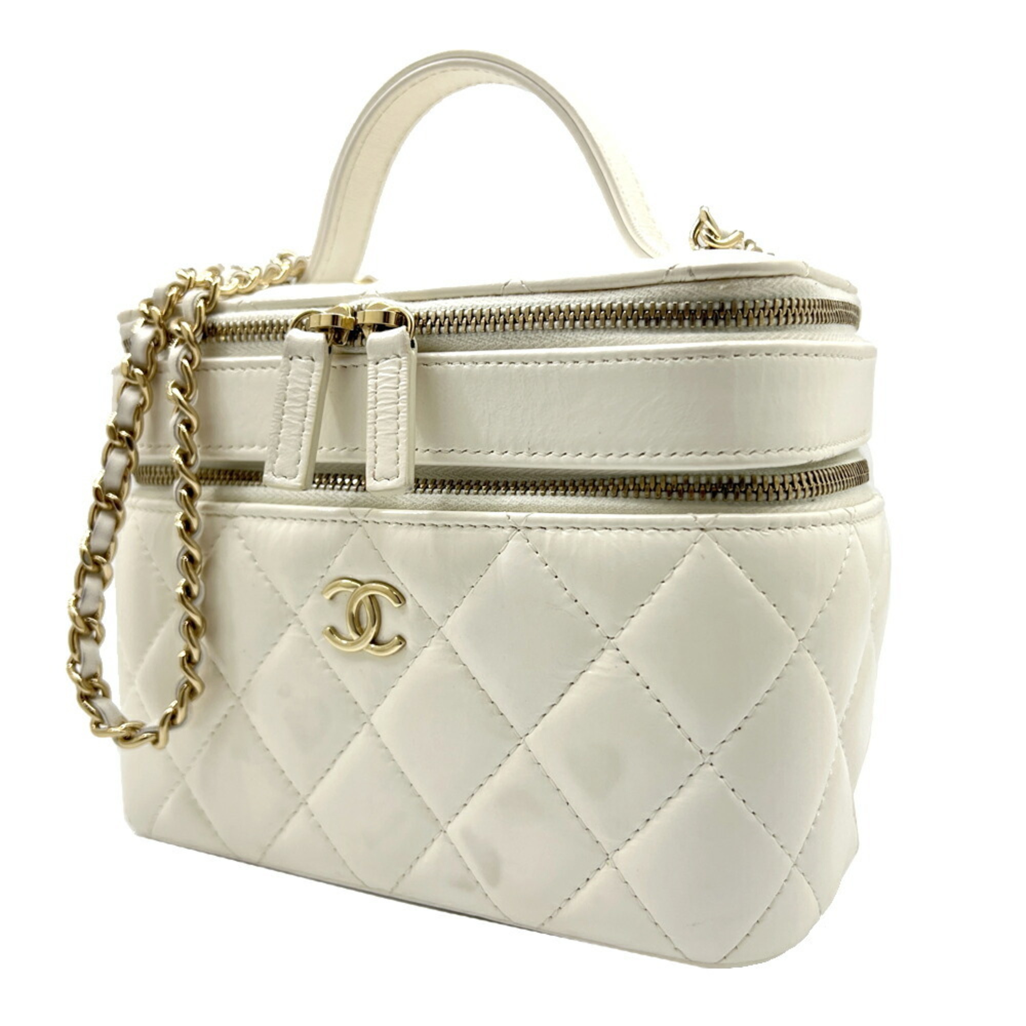 CHANEL Vanity Matelasse Chain Bag Leather White Shoulder Handbag Coco Mark CC Women's