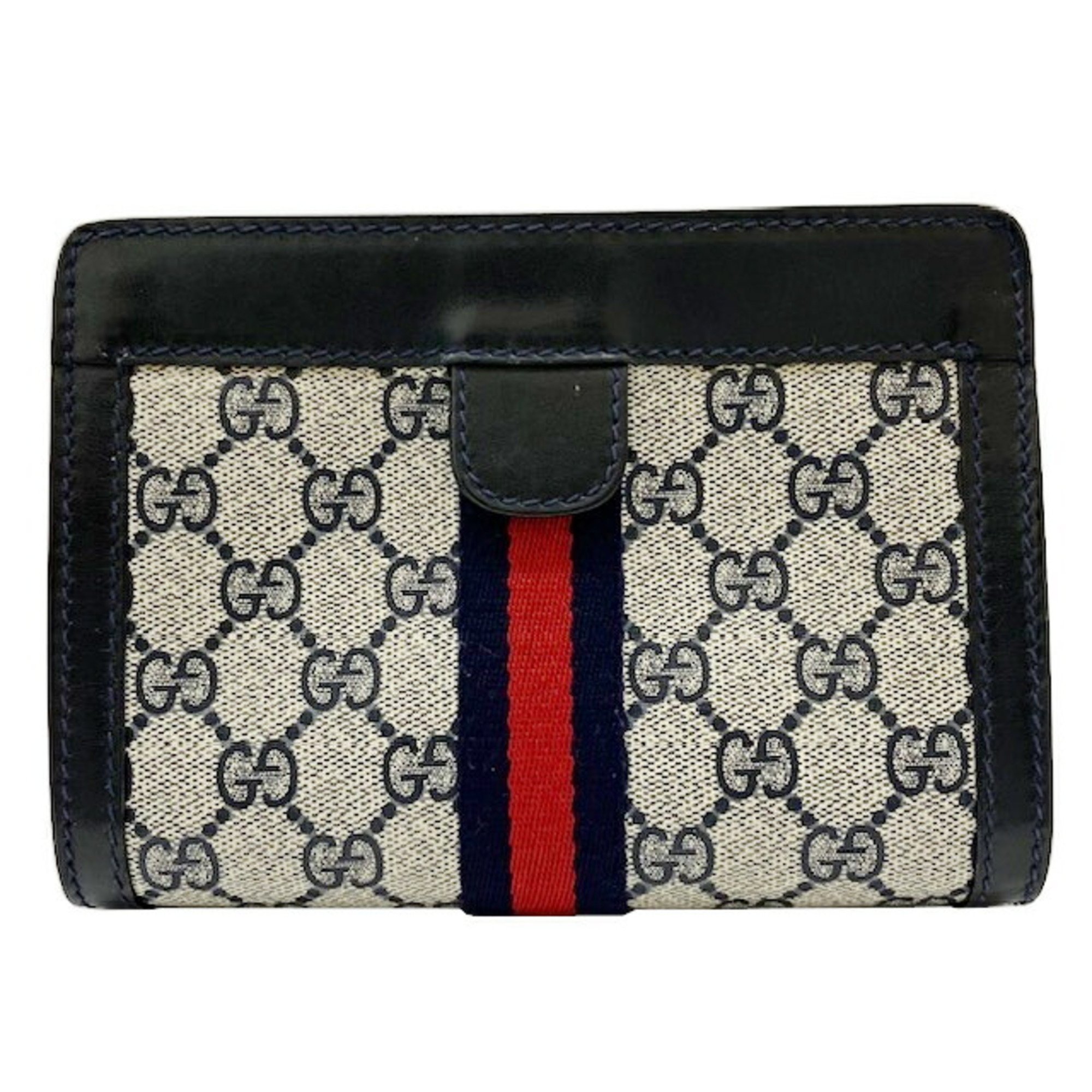 GUCCI Gucci Sherry Line Pouch Navy Grey GG Supreme Canvas