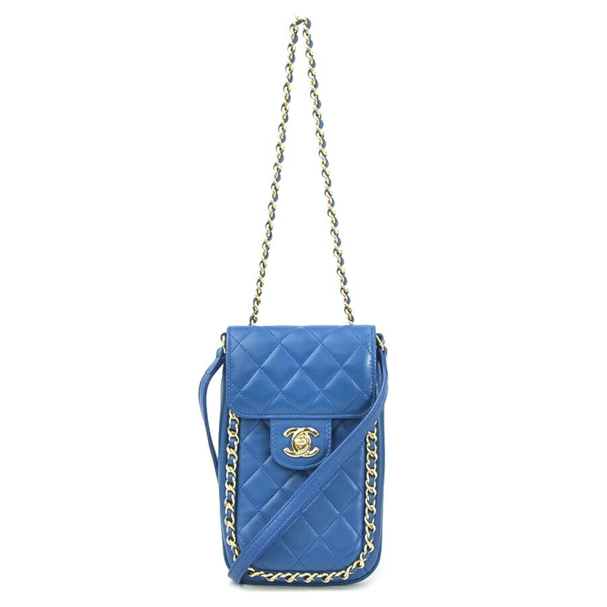 CHANEL Phone Holder Crossbody Pouch Matelasse Leather Blue Gold Women's e59238a