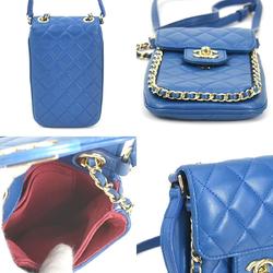 CHANEL Phone Holder Crossbody Pouch Matelasse Leather Blue Gold Women's e59238a