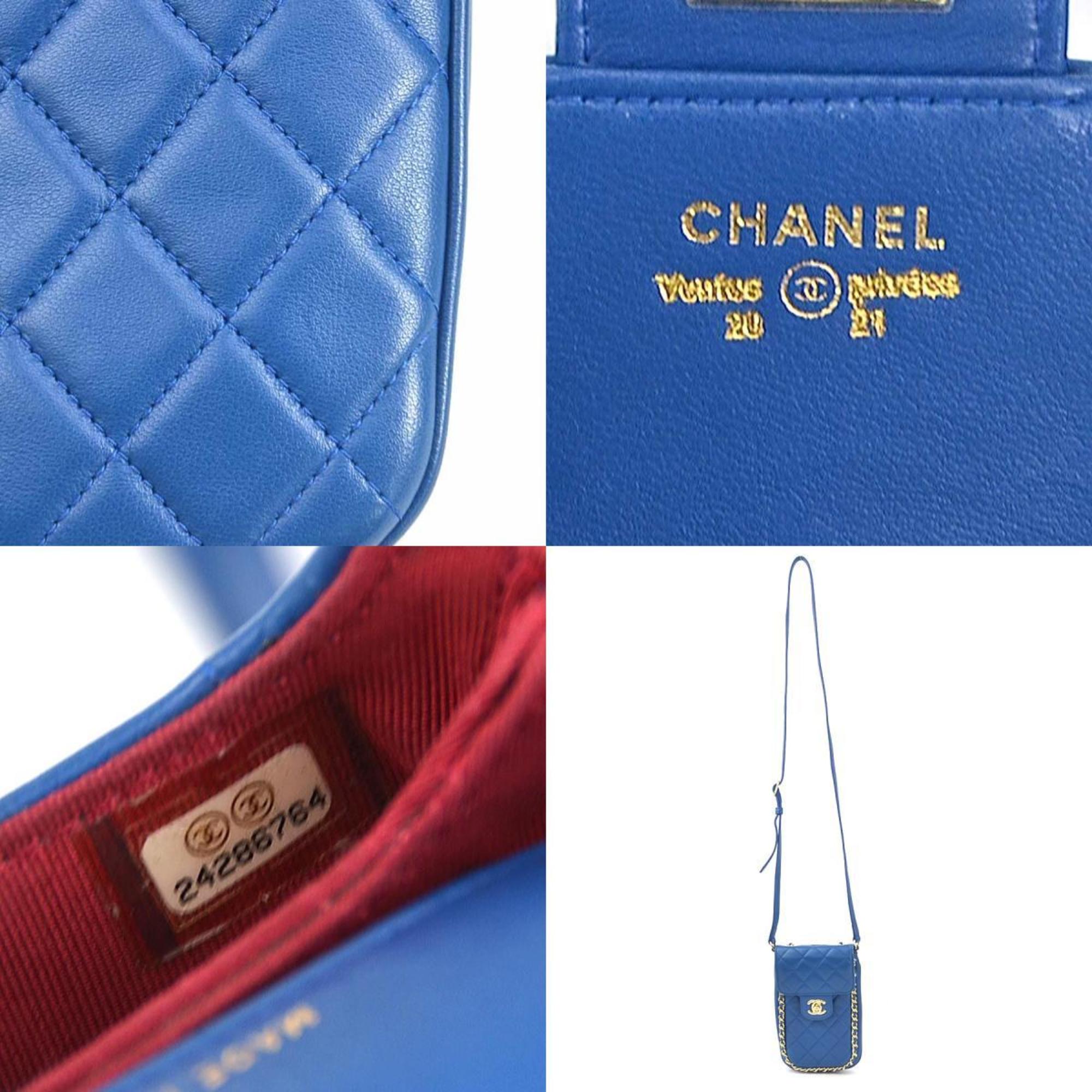 CHANEL Phone Holder Crossbody Pouch Matelasse Leather Blue Gold Women's e59238a