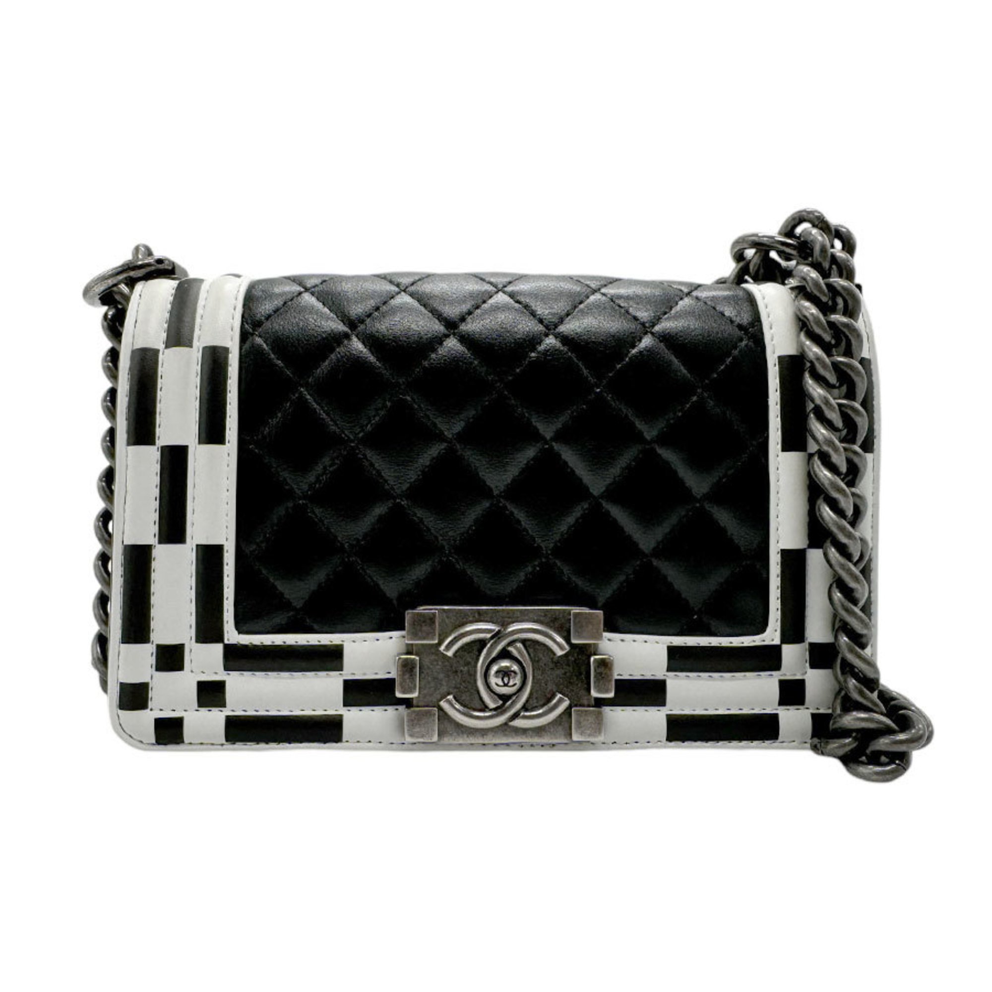 CHANEL Shoulder Bag Boy Chanel Leather Black White Women's n0410