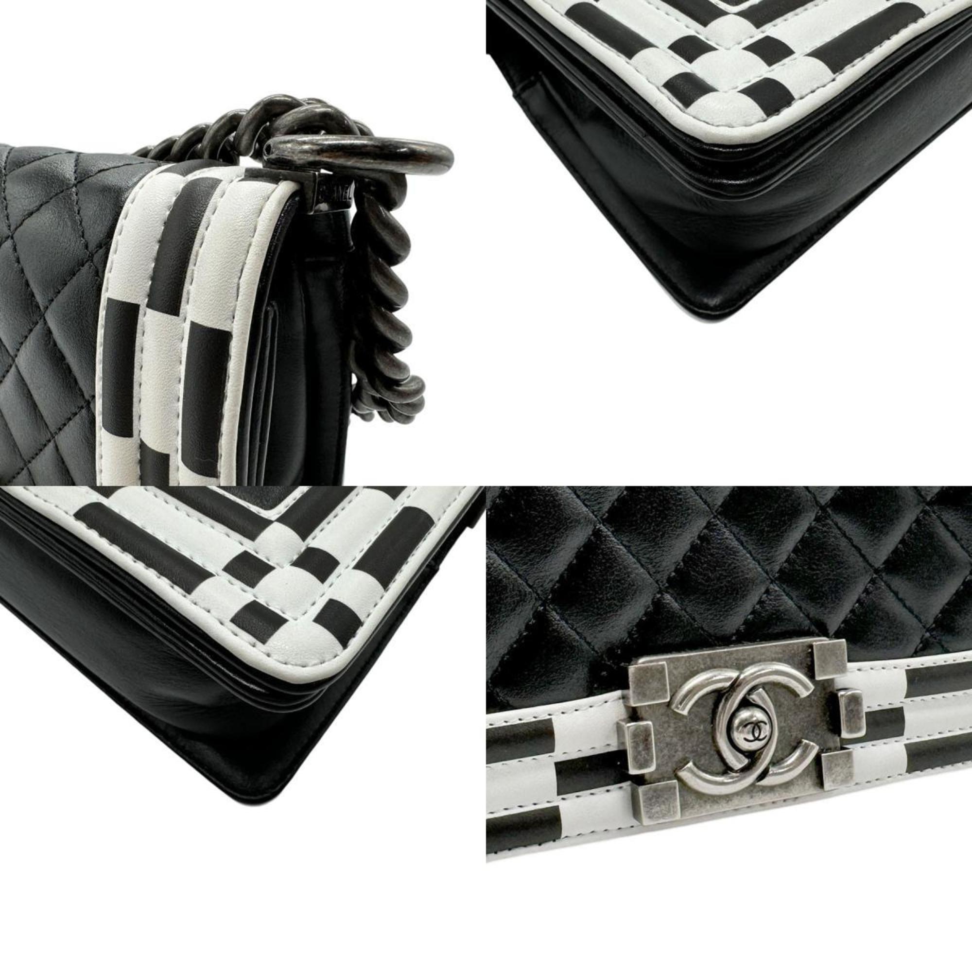 CHANEL Shoulder Bag Boy Chanel Leather Black White Women's n0410