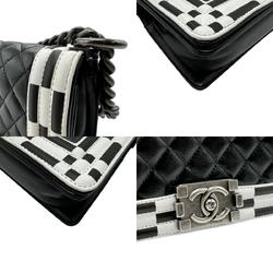 CHANEL Shoulder Bag Boy Chanel Leather Black White Women's n0410