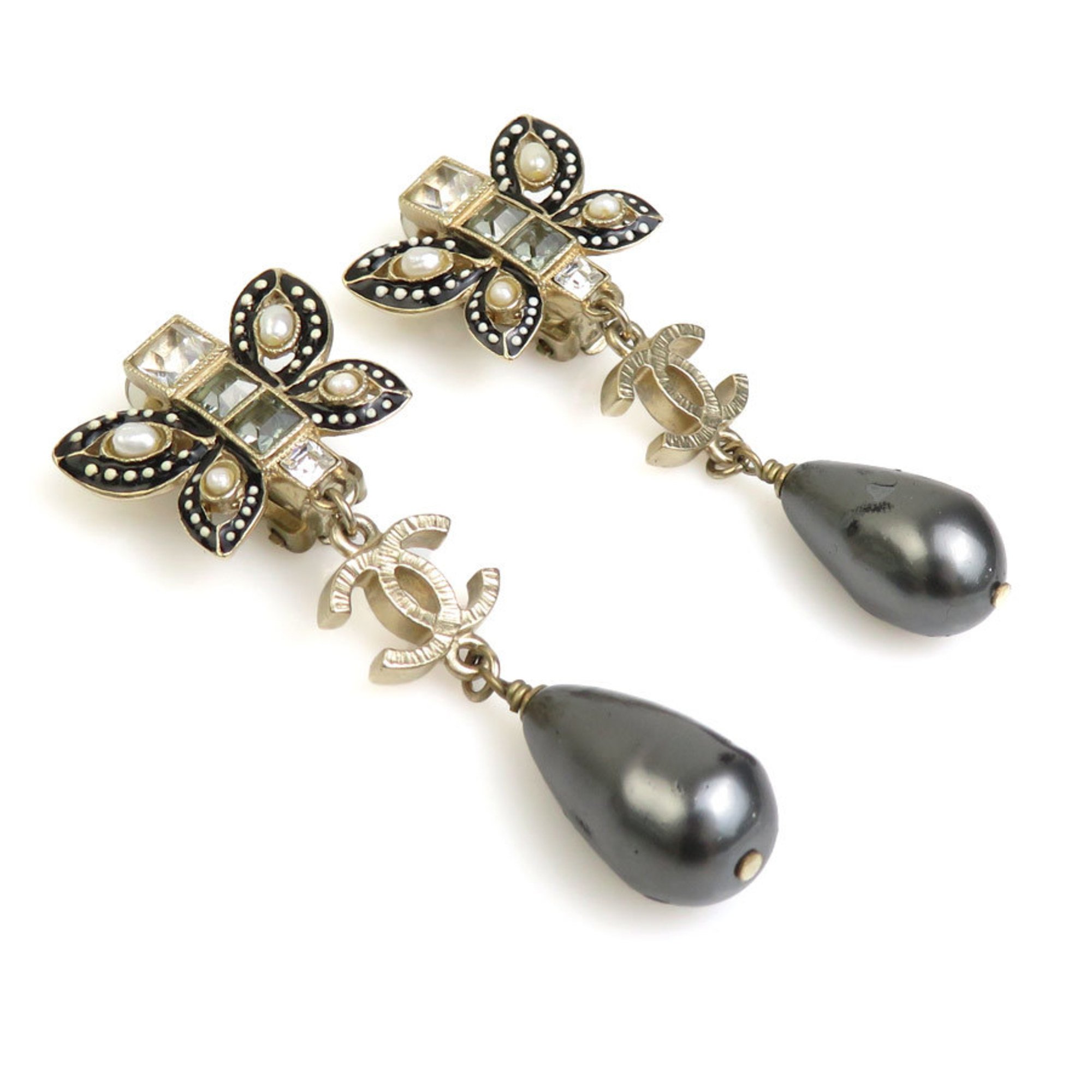 CHANEL Earrings Coco Mark Metal Faux Pearl Gold Dark Grey Women's e59288a