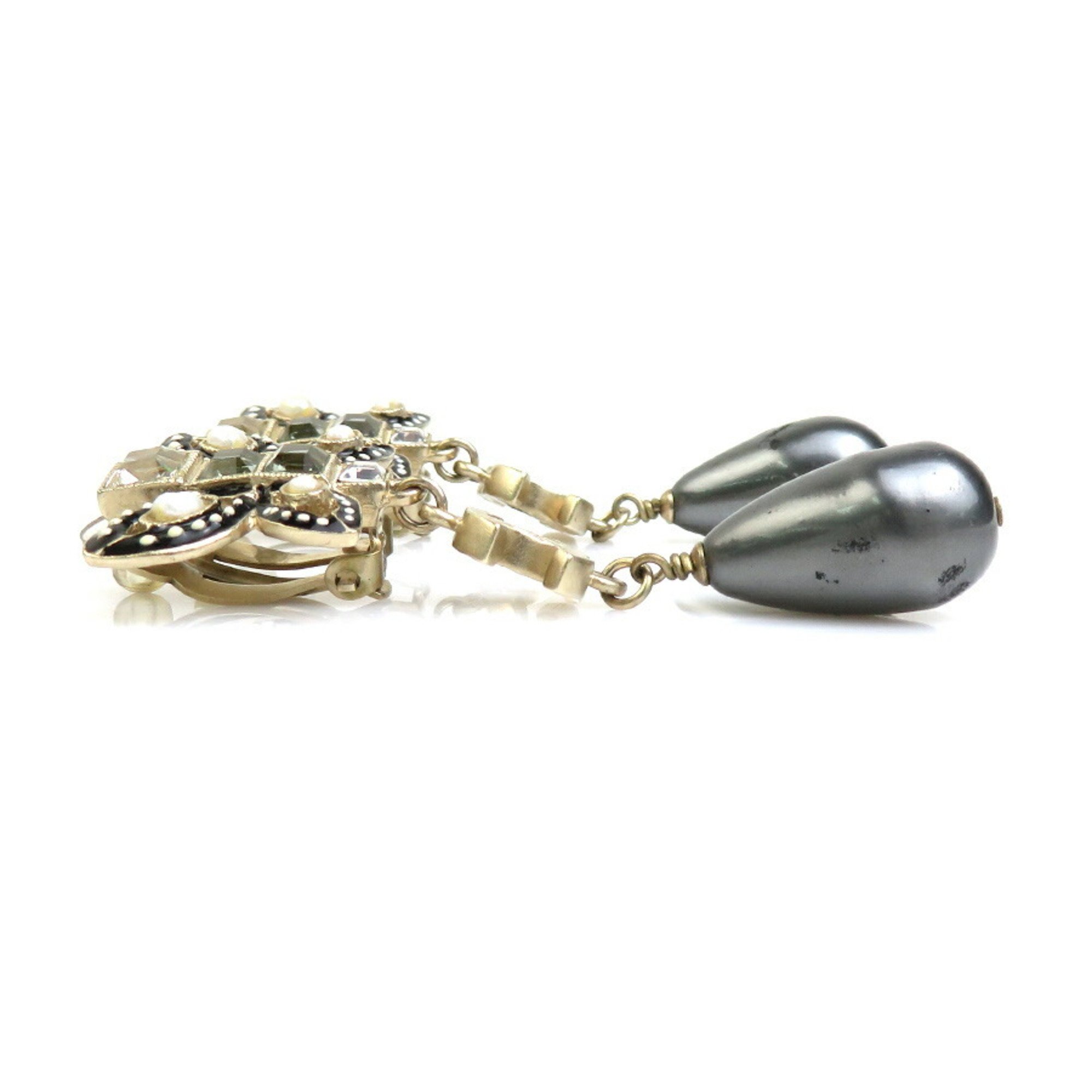 CHANEL Earrings Coco Mark Metal Faux Pearl Gold Dark Grey Women's e59288a