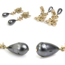 CHANEL Earrings Coco Mark Metal Faux Pearl Gold Dark Grey Women's e59288a