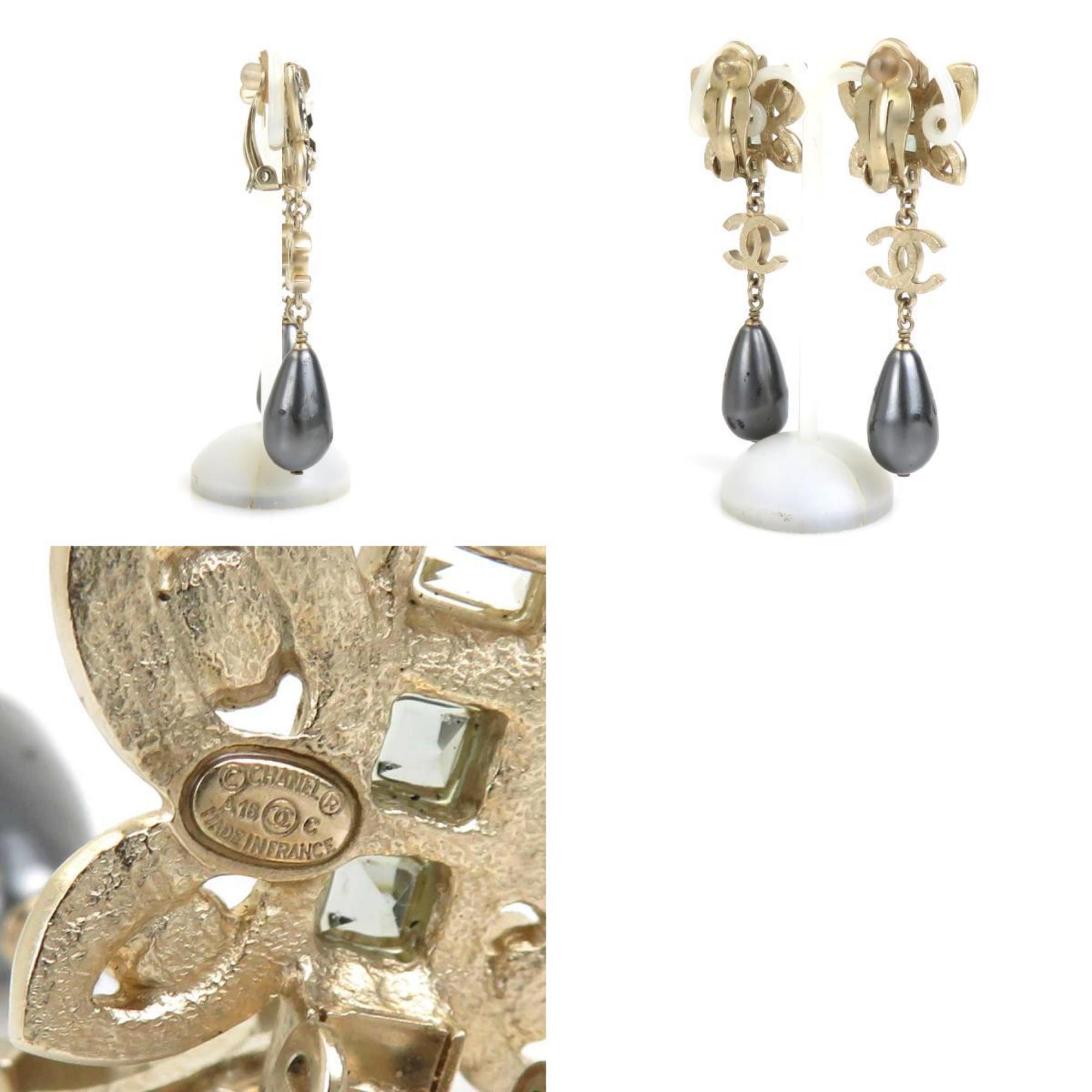 CHANEL Earrings Coco Mark Metal Faux Pearl Gold Dark Grey Women's e59288a