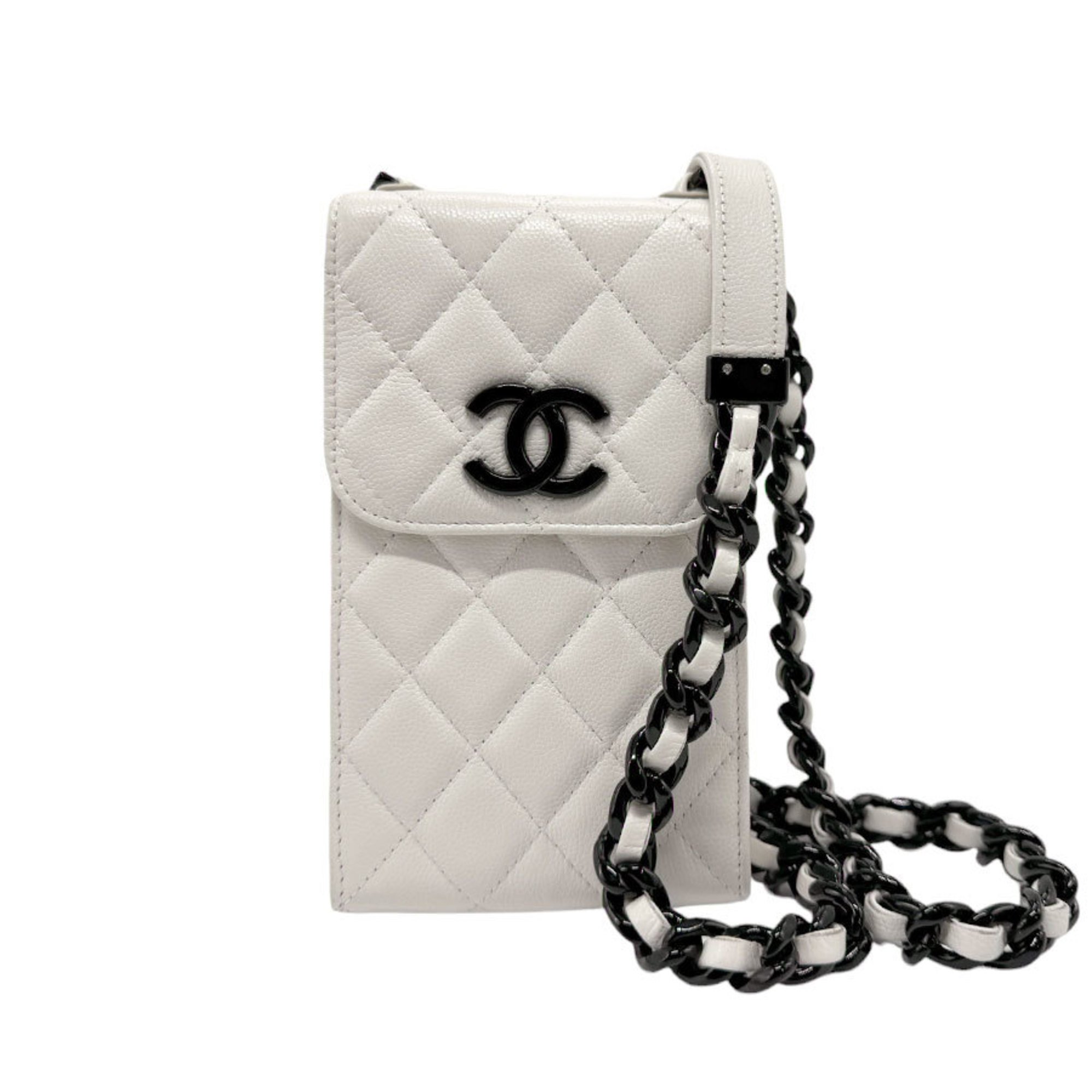 CHANEL Phone Holder Caviar Leather White x Black Women's n0415