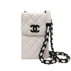 CHANEL Phone Holder Caviar Leather White x Black Women's n0415