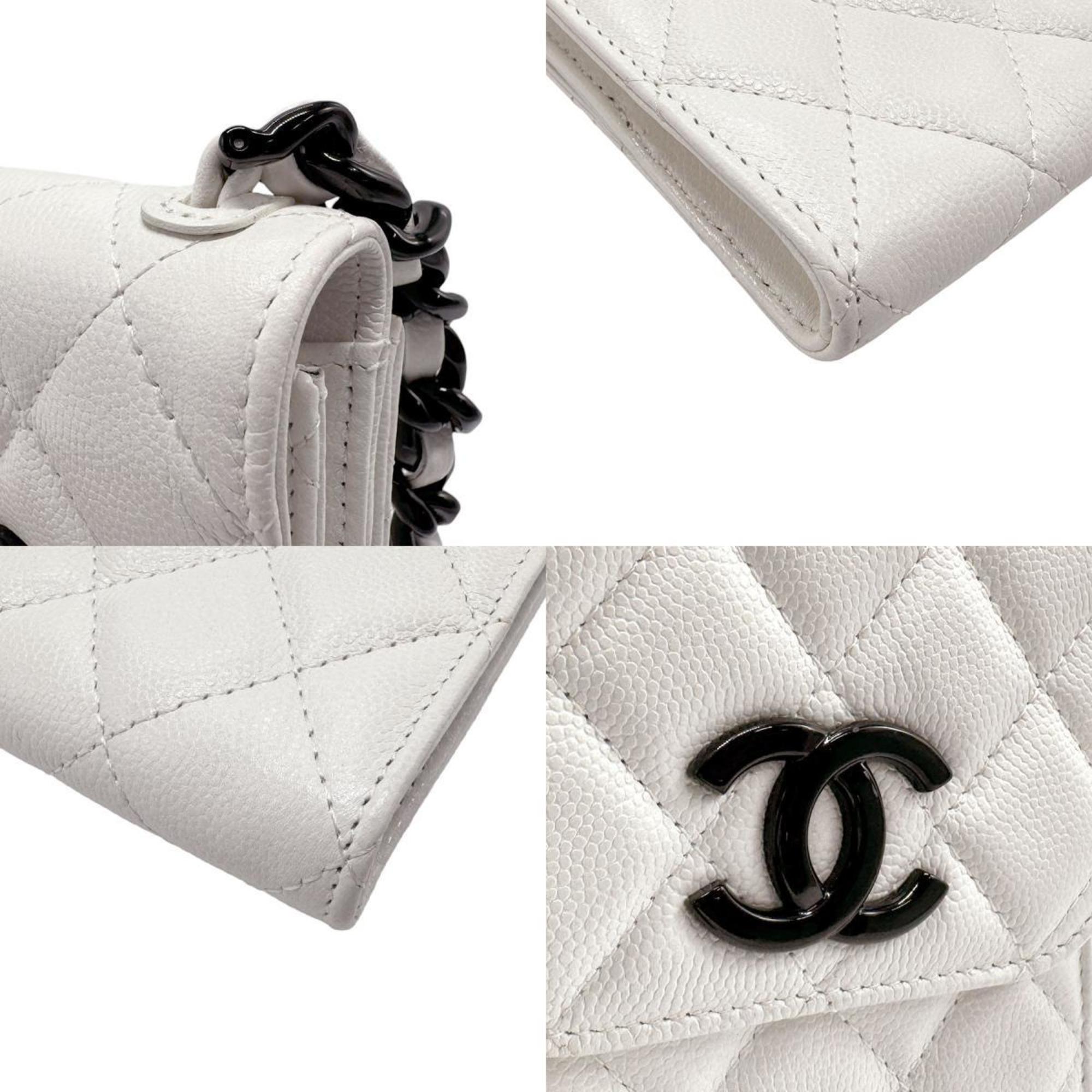 CHANEL Phone Holder Caviar Leather White x Black Women's n0415