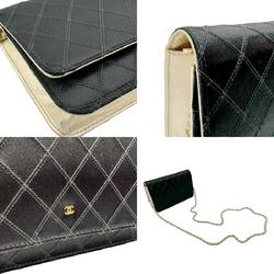 CHANEL Chain Wallet Satin Leather Black x Gold Women's z2441