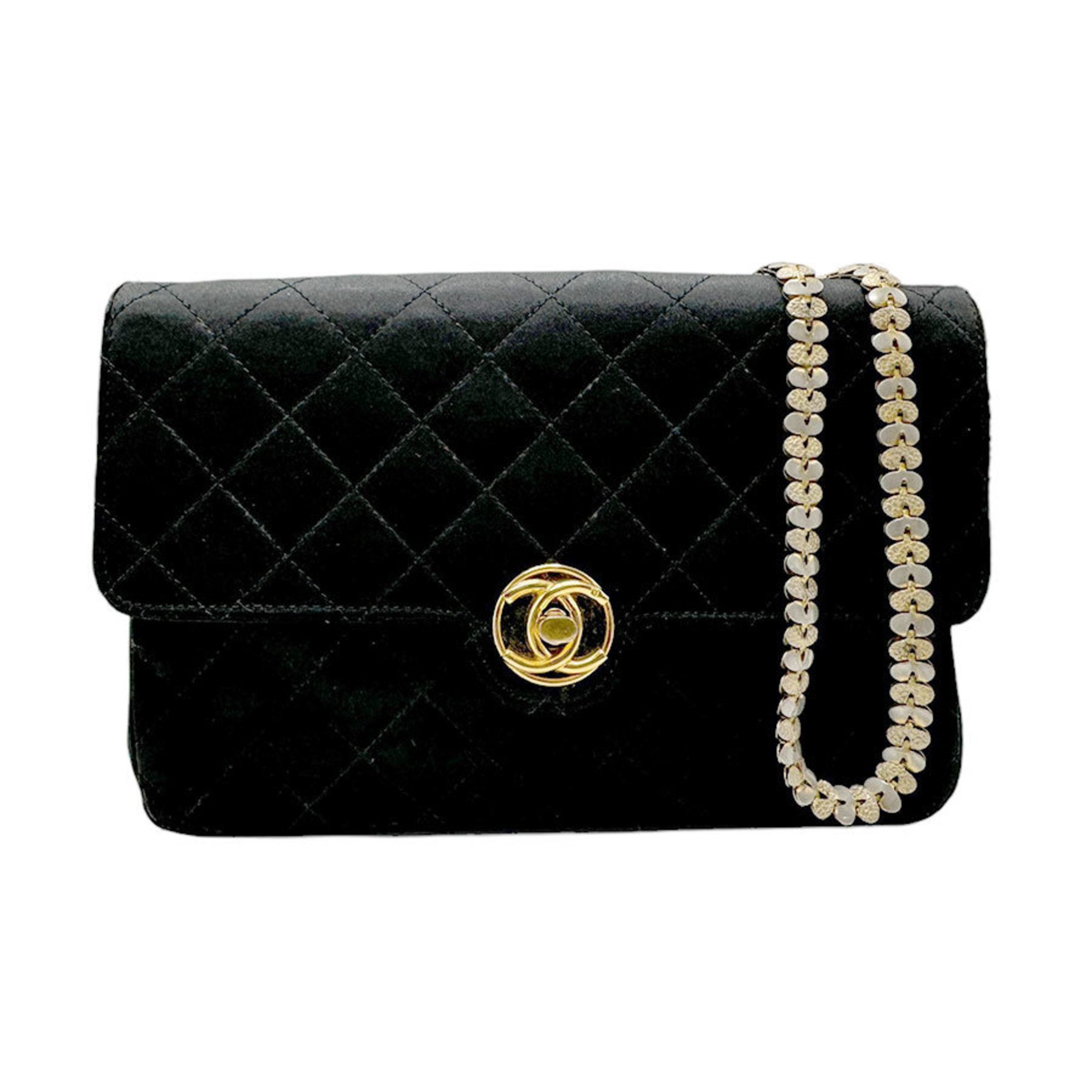 CHANEL Shoulder Bag Satin Black Gold Women's n0407