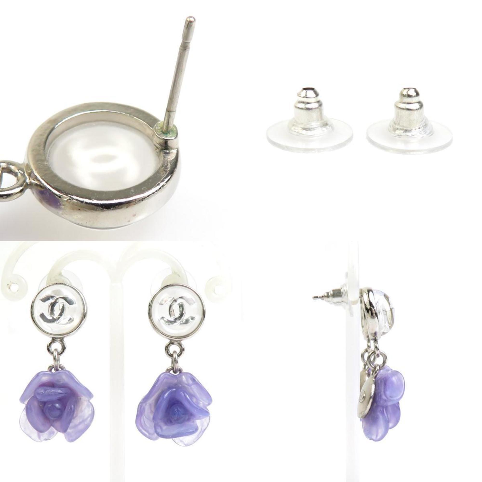 CHANEL Earrings Coco Mark Camellia Metal Resin Silver Purple White Women's e59287g