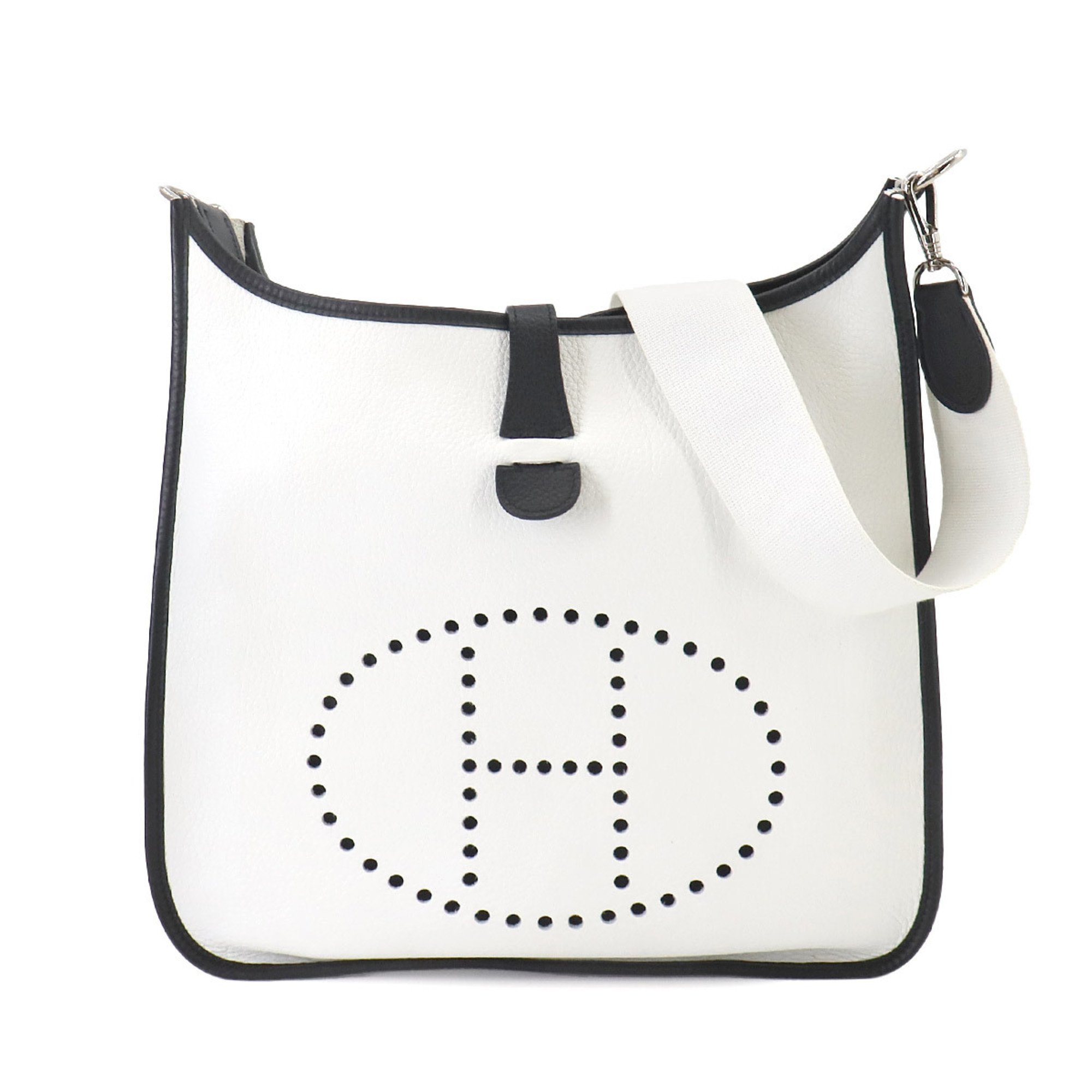 Hermes Evelyne GM Shoulder Bag Taurillon Clemence White Black Silver Hardware