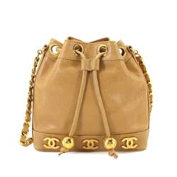 CHANEL Triple Coco Chain Shoulder Bag Caviar Skin Leather Beige Gold Hardware