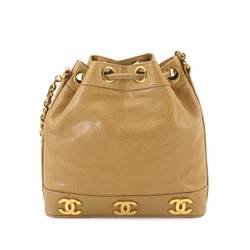 CHANEL Triple Coco Chain Shoulder Bag Caviar Skin Leather Beige Gold Hardware