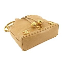 CHANEL Triple Coco Chain Shoulder Bag Caviar Skin Leather Beige Gold Hardware