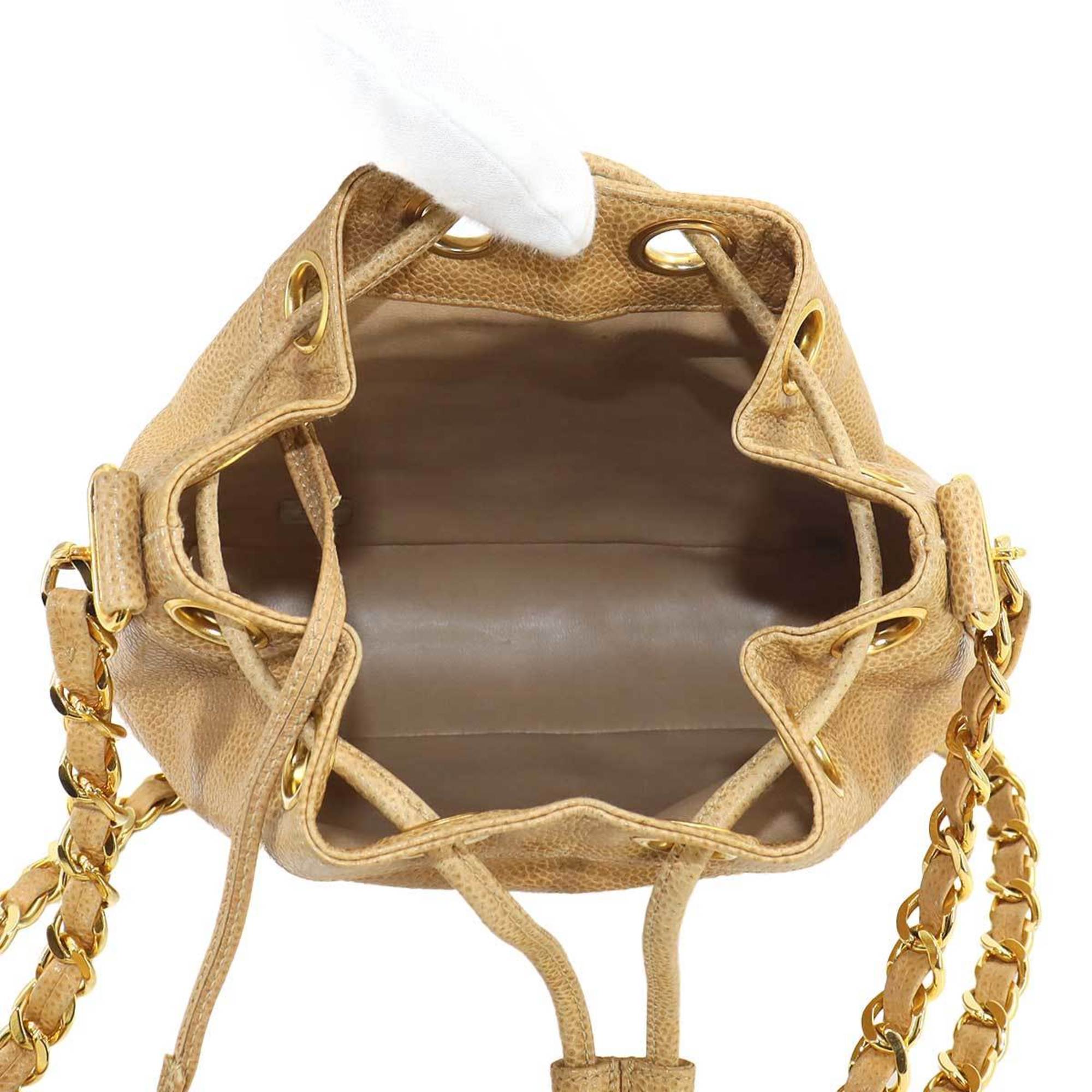 CHANEL Triple Coco Chain Shoulder Bag Caviar Skin Leather Beige Gold Hardware