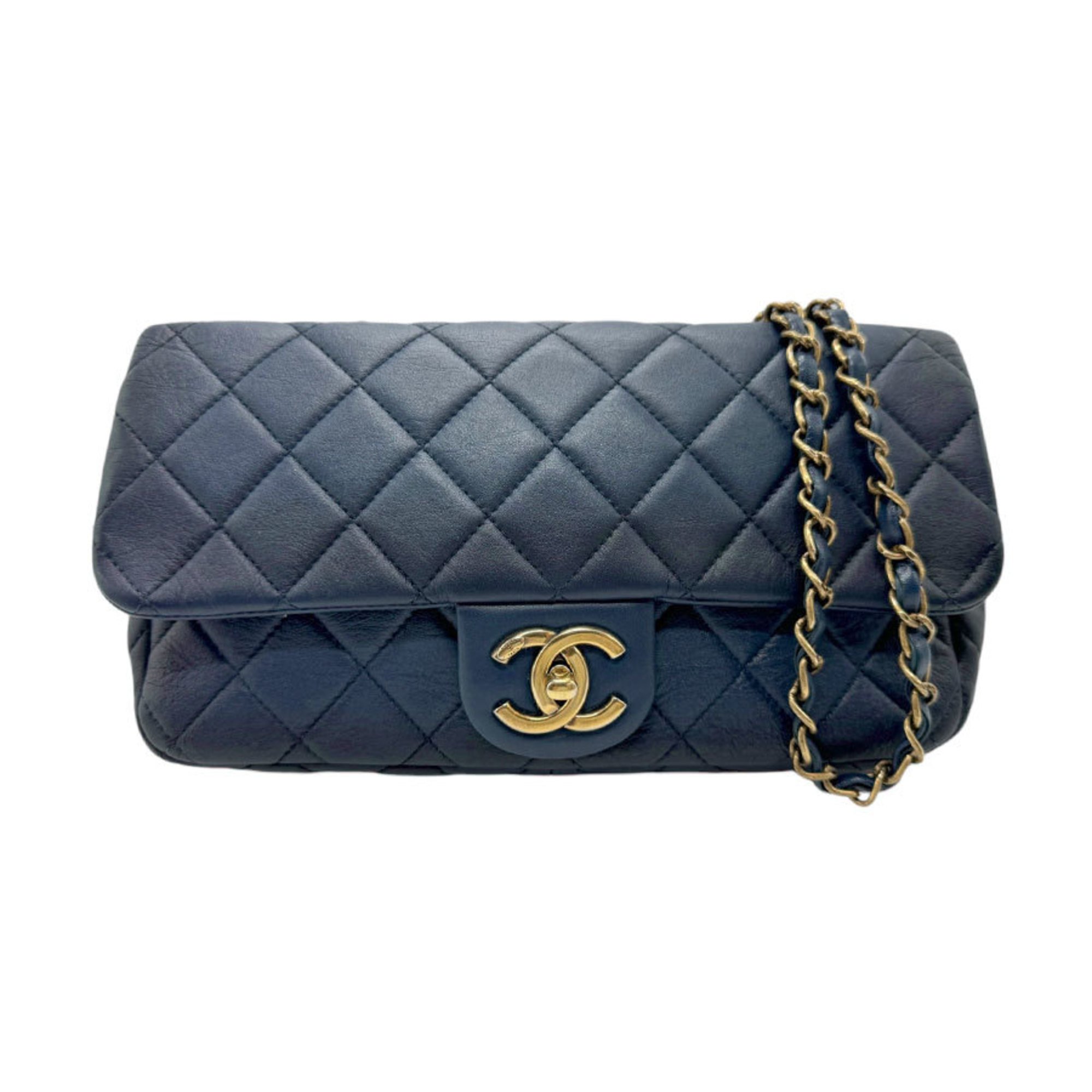 CHANEL Shoulder Bag Lambskin Navy Gold Women's z2506