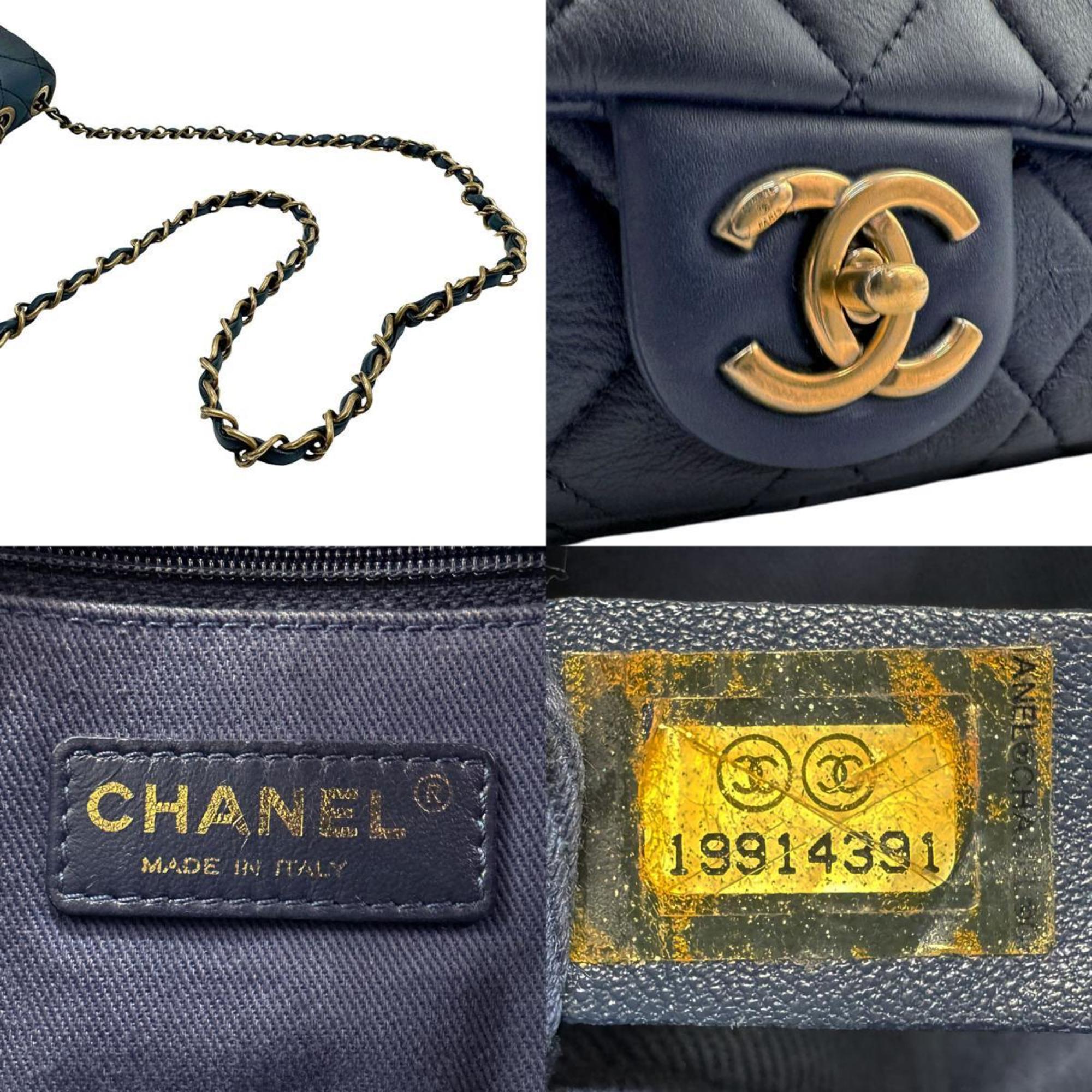 CHANEL Shoulder Bag Lambskin Navy Gold Women's z2506