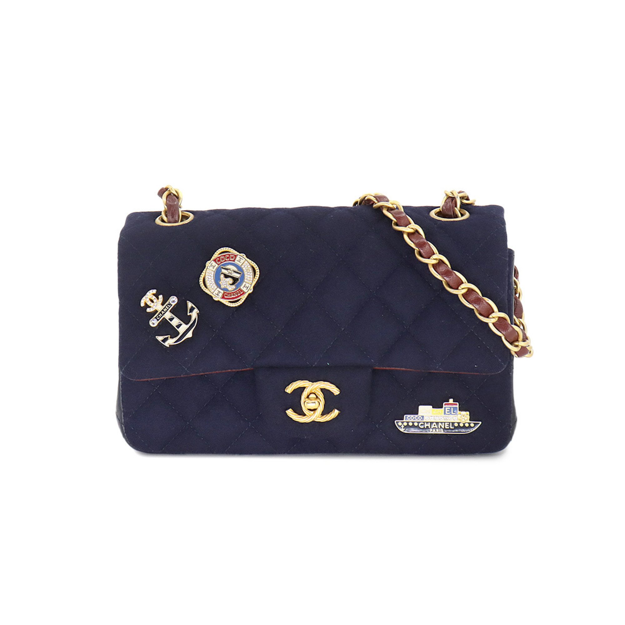 CHANEL Matelasse Chain Shoulder Bag Wool Leather Navy Bordeaux Gold Hardware