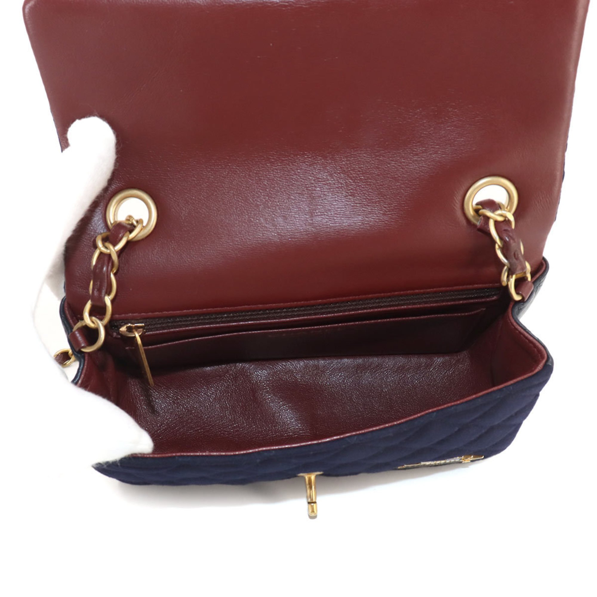 CHANEL Matelasse Chain Shoulder Bag Wool Leather Navy Bordeaux Gold Hardware