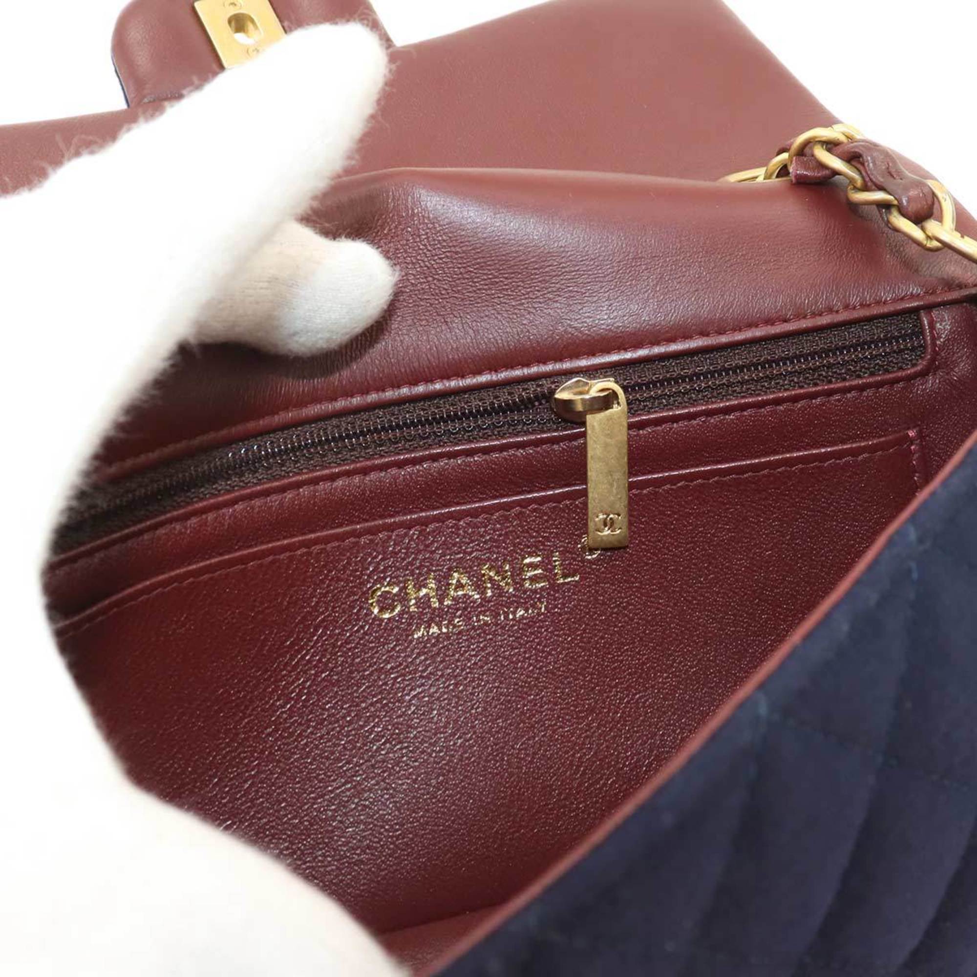 CHANEL Matelasse Chain Shoulder Bag Wool Leather Navy Bordeaux Gold Hardware