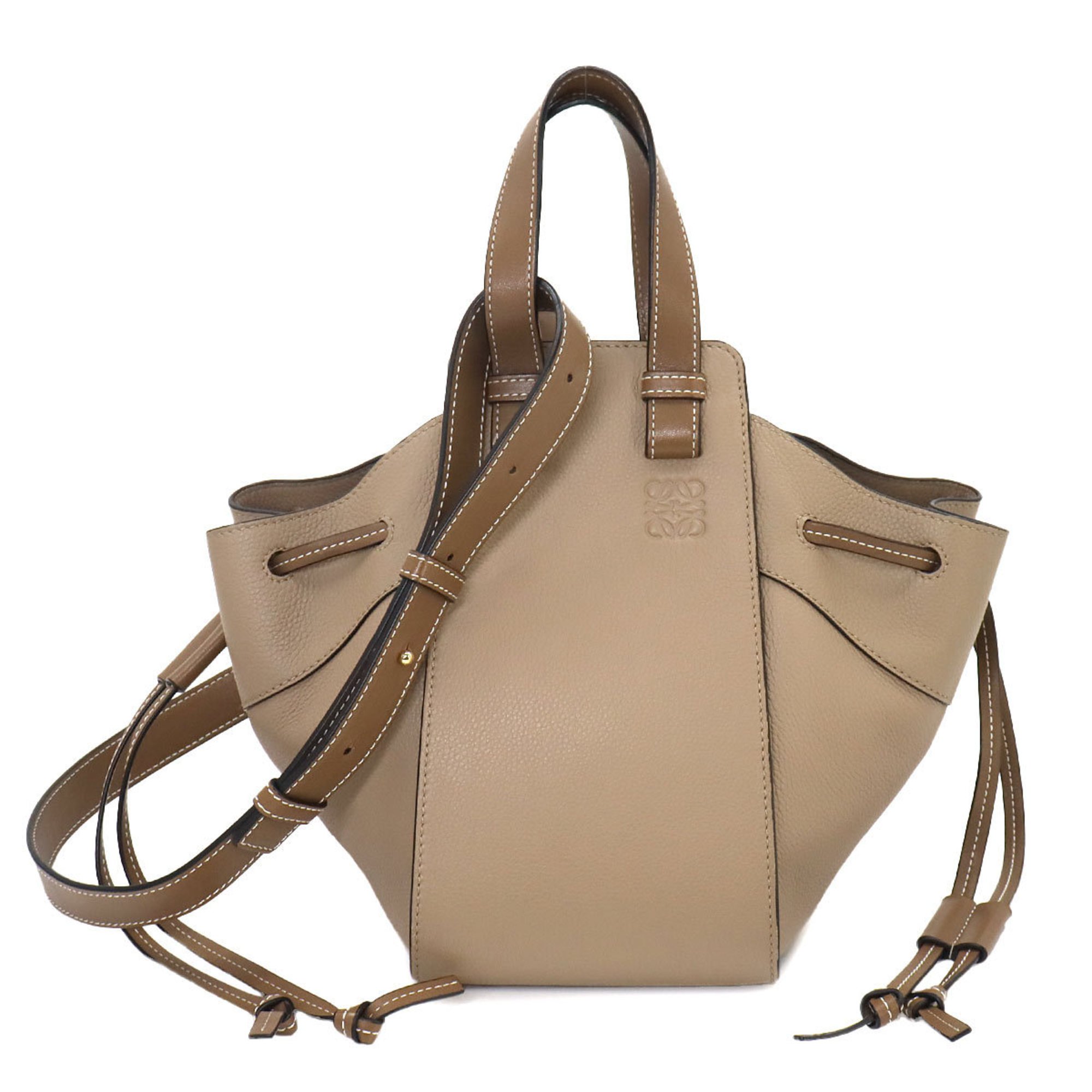 LOEWE Hammock Drawstring Small 2way Hand Shoulder Bag Leather Beige Brown 314.12BZ95 Gold Hardware