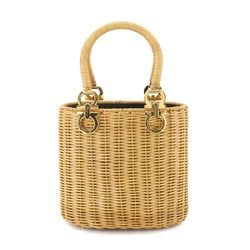 Salvatore Ferragamo Double Gancini Rattan Basket Handbag Beige Gold Hardware Wicker Hand Bag