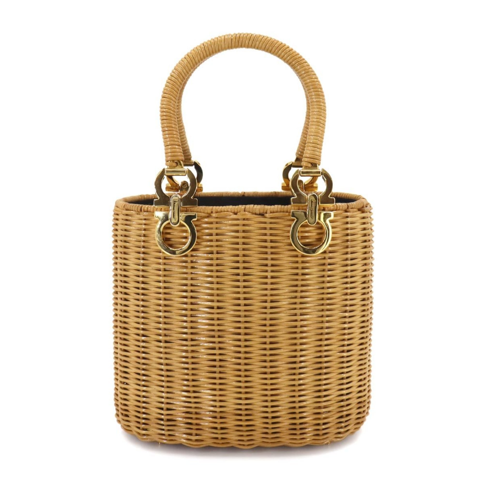 Salvatore Ferragamo Double Gancini Rattan Basket Handbag Beige Gold Hardware Wicker Hand Bag