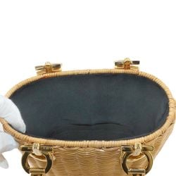 Salvatore Ferragamo Double Gancini Rattan Basket Handbag Beige Gold Hardware Wicker Hand Bag