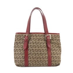 FENDI Zucchino Handbag Canvas Leather Brown Beige Red 8BH237 Gold Hardware