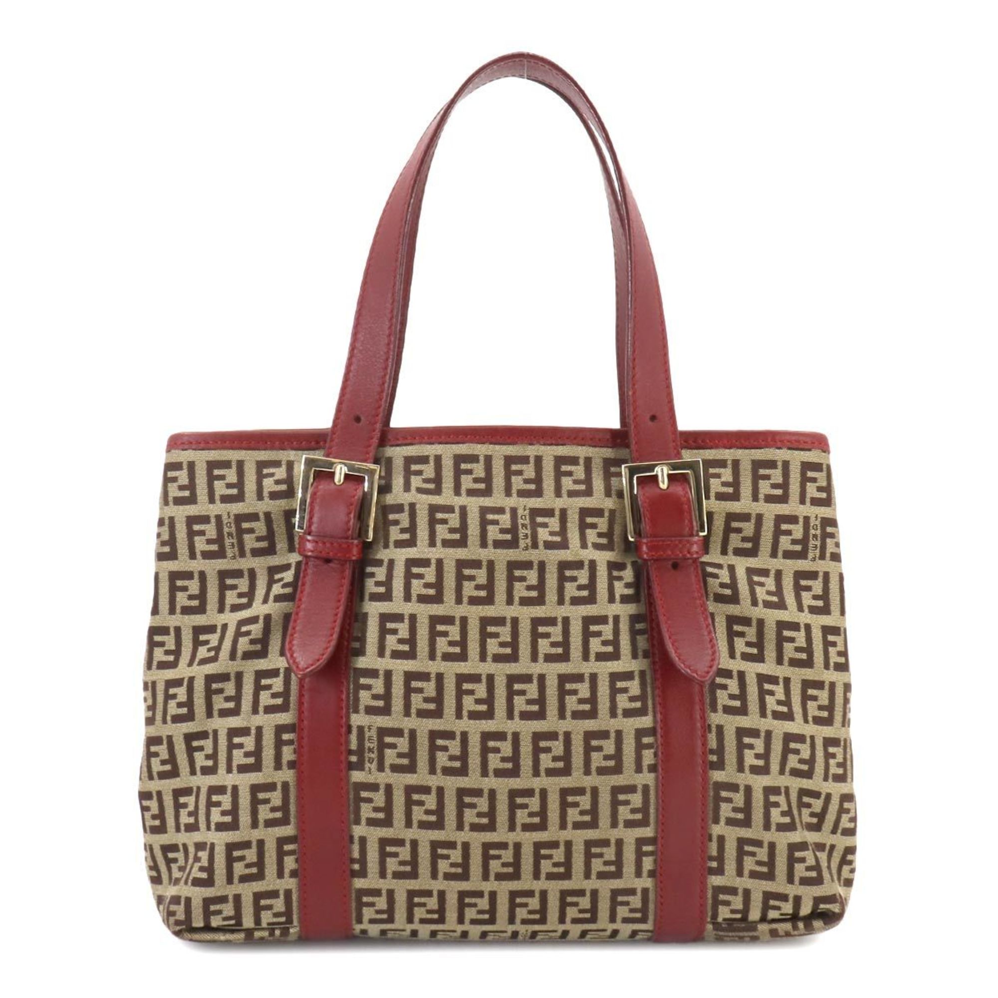 FENDI Zucchino Handbag Canvas Leather Brown Beige Red 8BH237 Gold Hardware