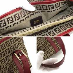 FENDI Zucchino Handbag Canvas Leather Brown Beige Red 8BH237 Gold Hardware