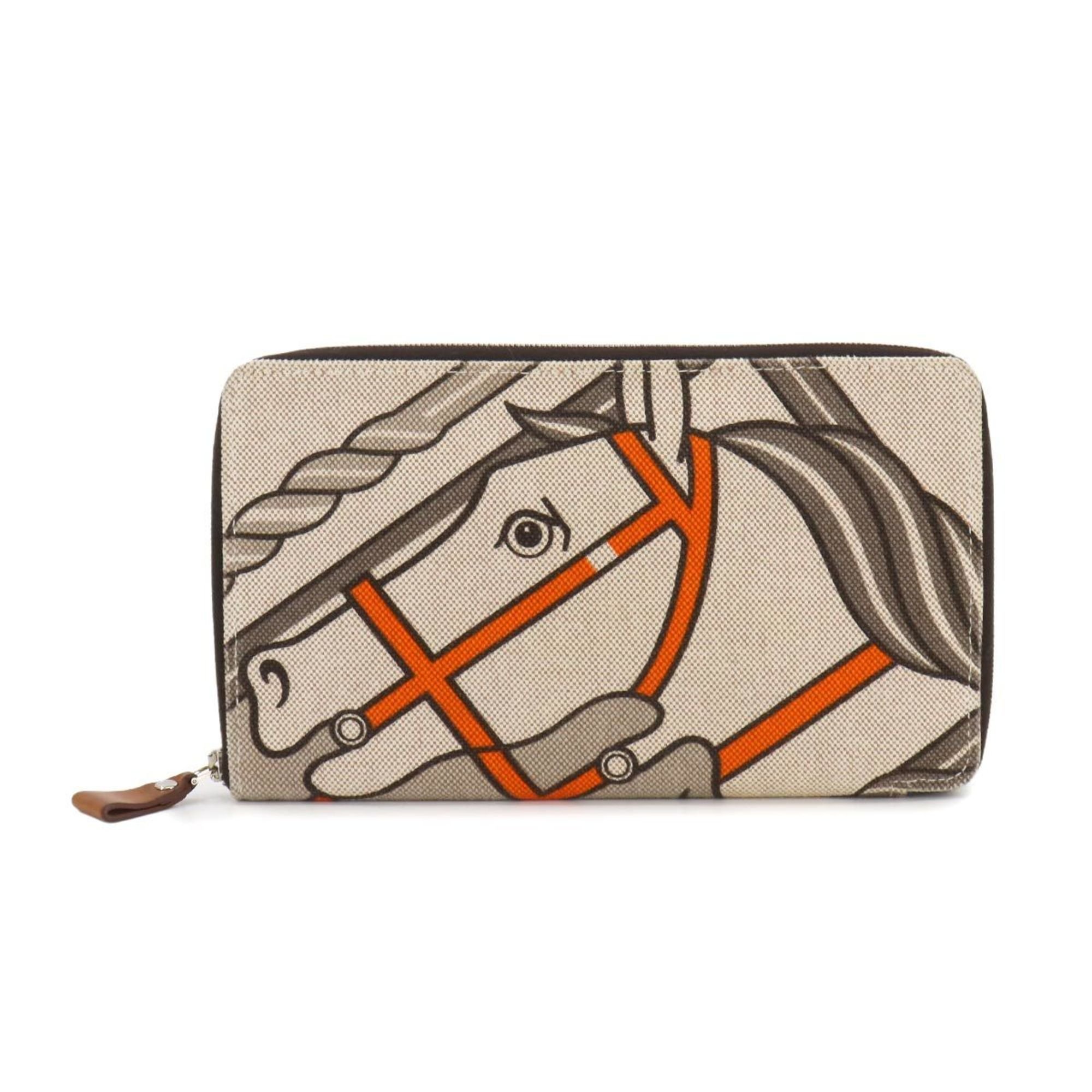 Hermes HERMES Steeple GM Round Long Wallet Toile H Barenia Beige Gray □Q Stamp