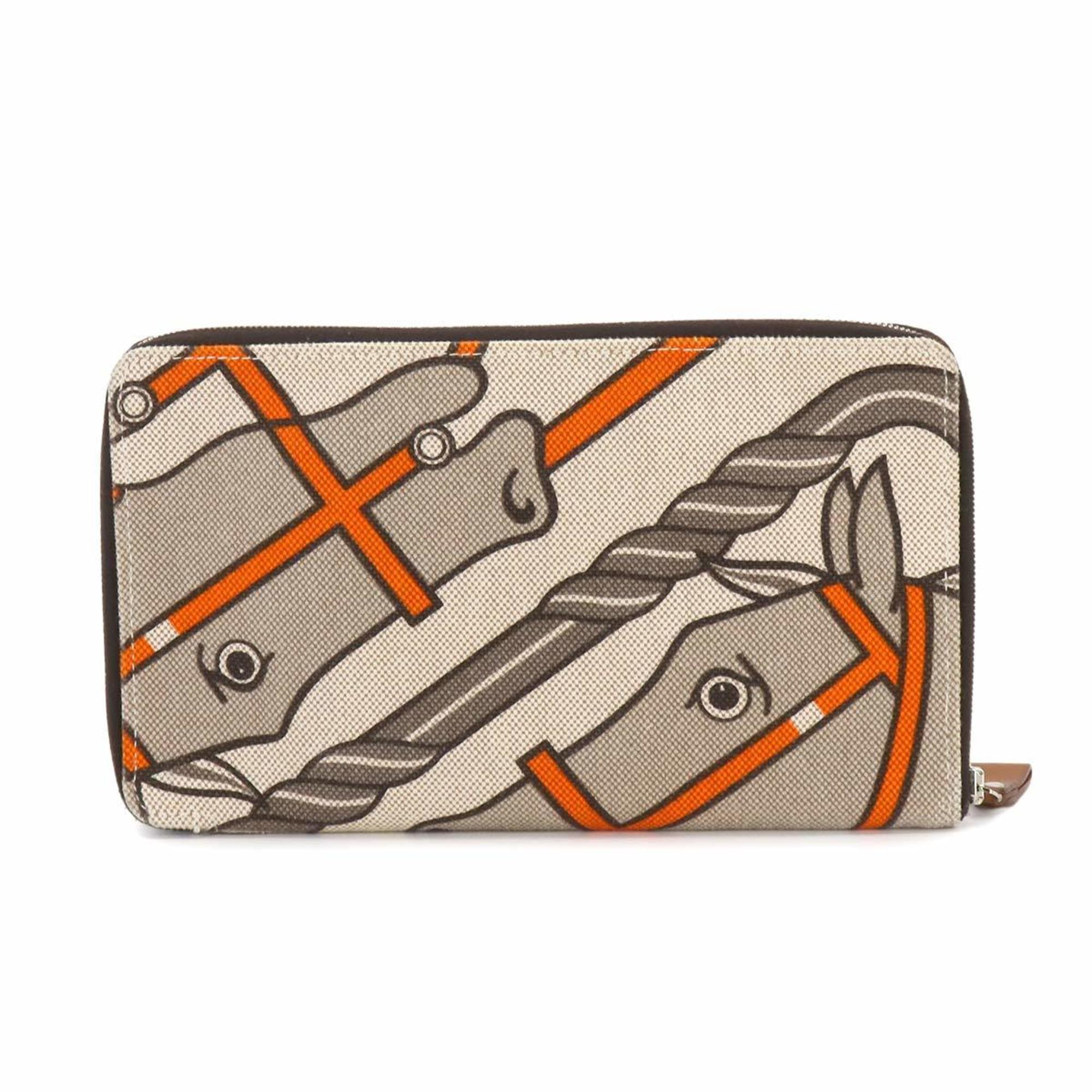 Hermes HERMES Steeple GM Round Long Wallet Toile H Barenia Beige Gray □Q Stamp