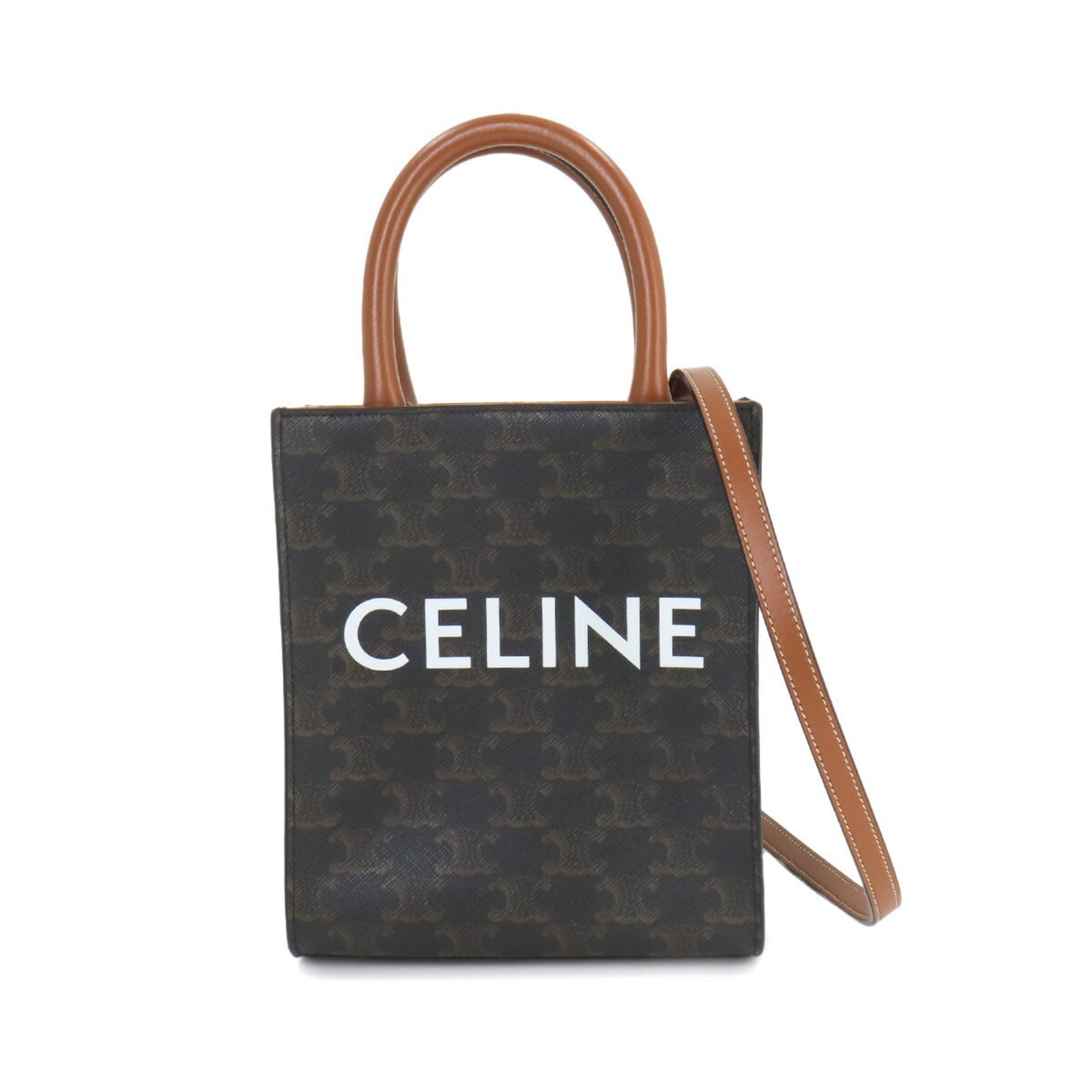 CELINE Triomphe Mini Vertical Cabas 2way Tote Shoulder Bag Leather Tan Black 194372BZK