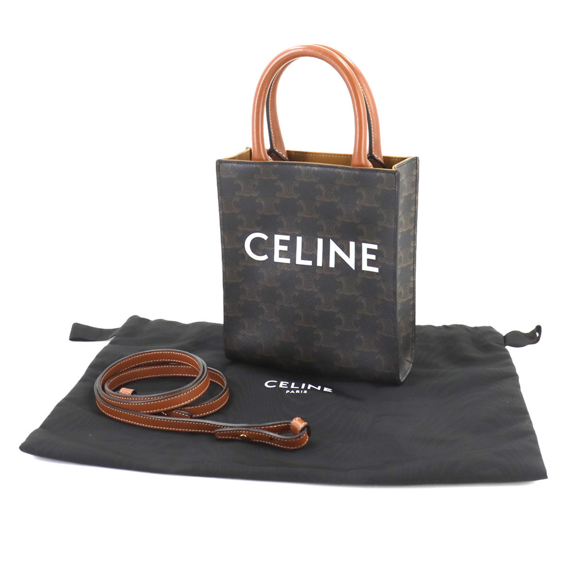 CELINE Triomphe Mini Vertical Cabas 2way Tote Shoulder Bag Leather Tan Black 194372BZK